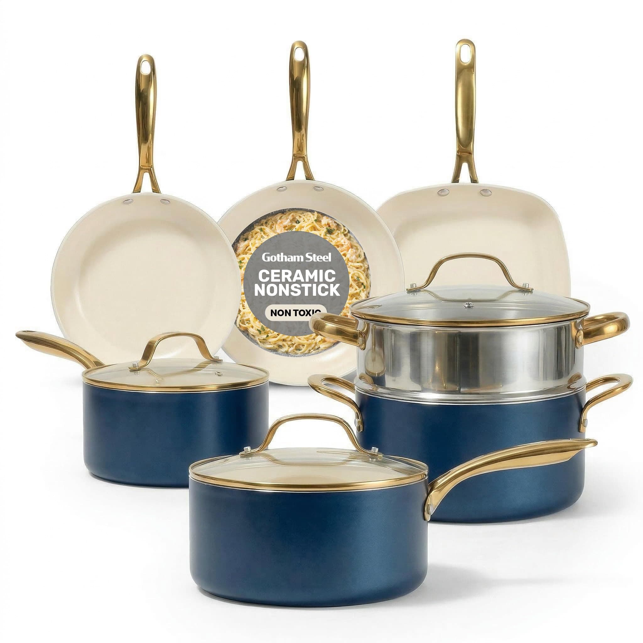 Gotham Steel 12 Pc Ceramic Pots and Pans Set Non Stick, Kitchen Cookware Sets, Pot and Pan Set, Ceramic Cookware Set, Non Toxic Cookware Set, Non Stick Pots and Pan Set, Dishwasher Safe - Cream Navy…