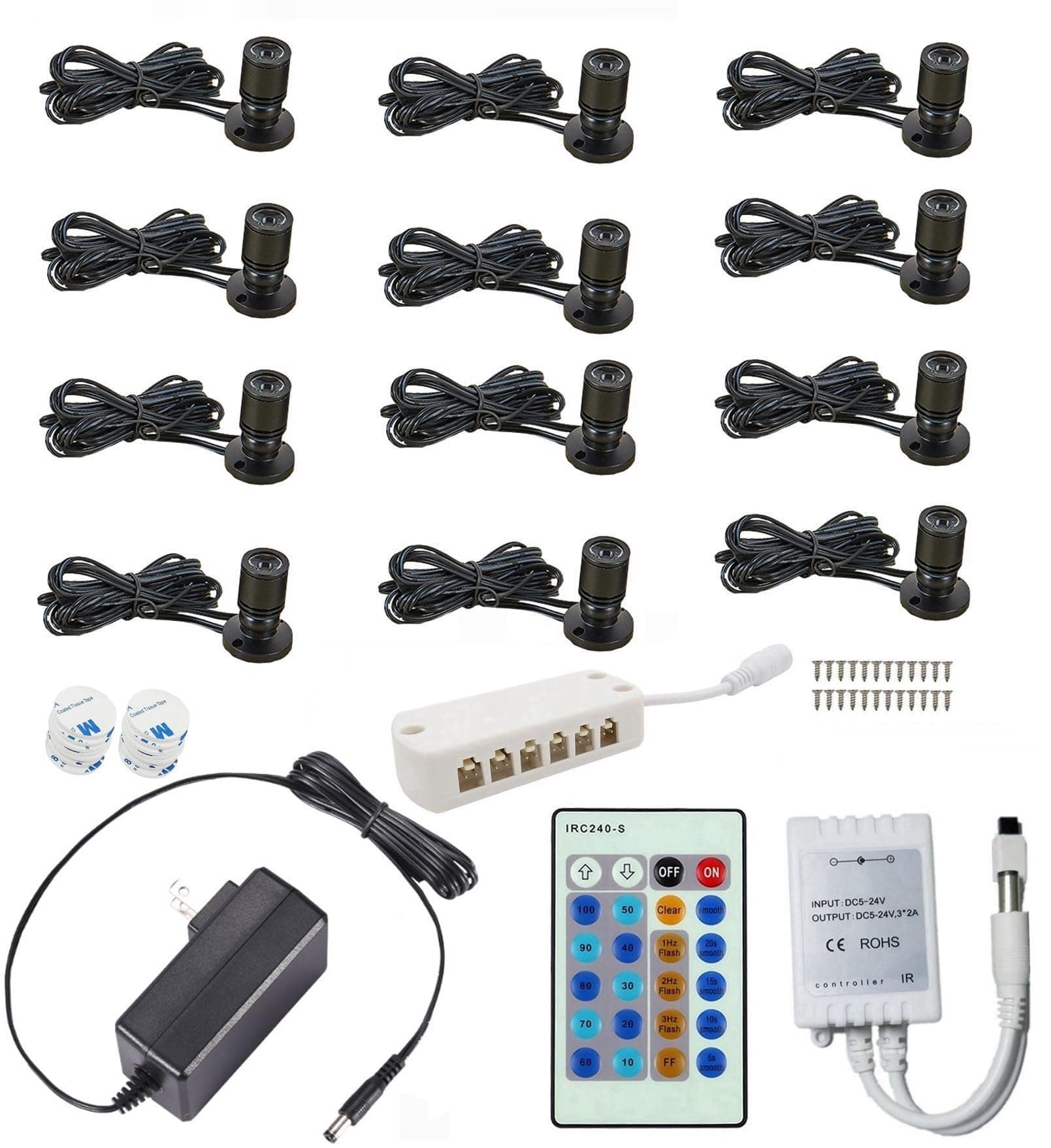 Xking 1.5W 12VDC Dimmable LED Mini Spotlight Jewelry Showcase Display Lights Black Shell Surface Mount with Wireless IR Dimmer (Pack-12,Cold White)