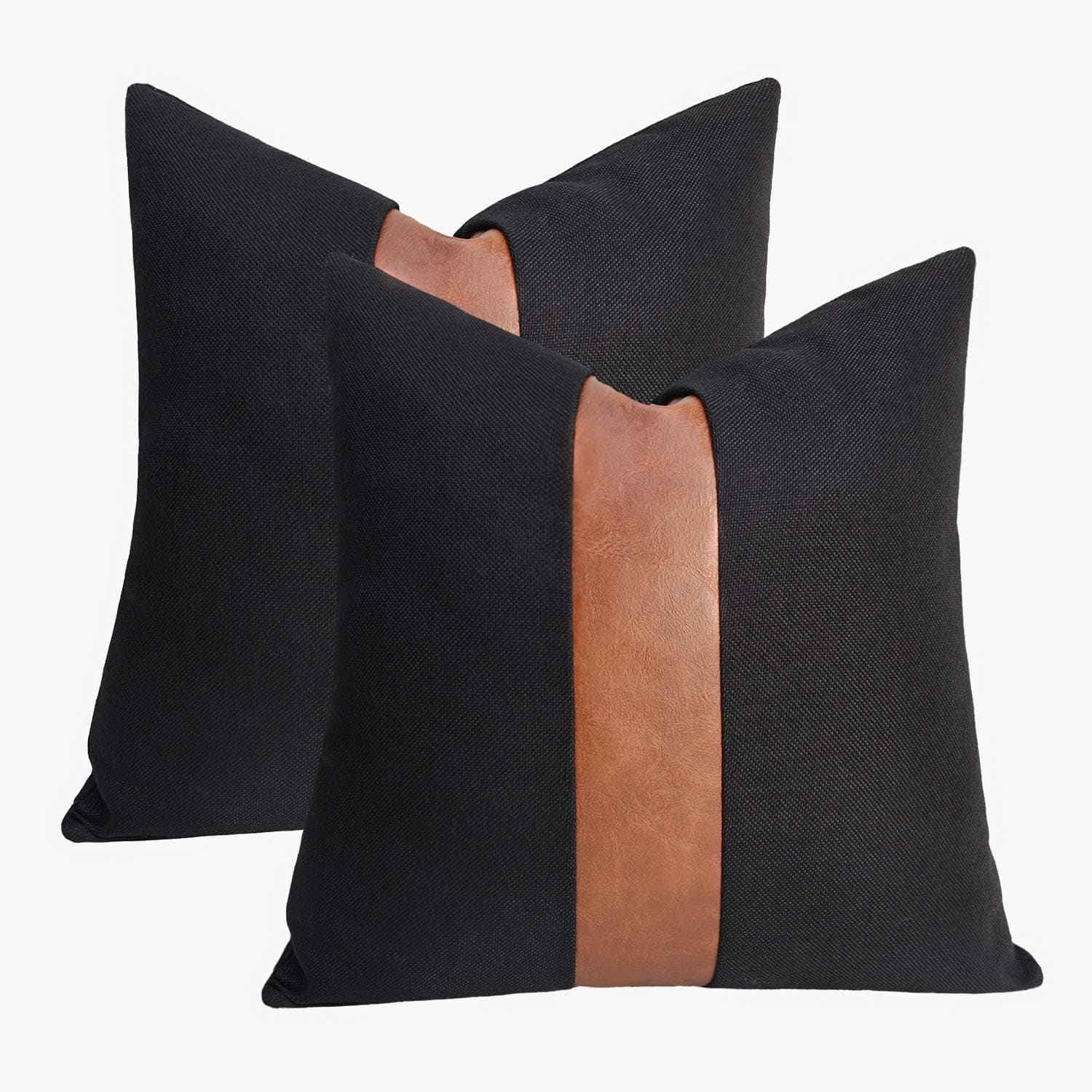 cygnus Set of 2 Black Linen Patchwork Faux Leather Throw Pillow Covers for Couch Living Room Bedroom, Modern Accent Decor Square Covers 18X18 inch, Brown and Black