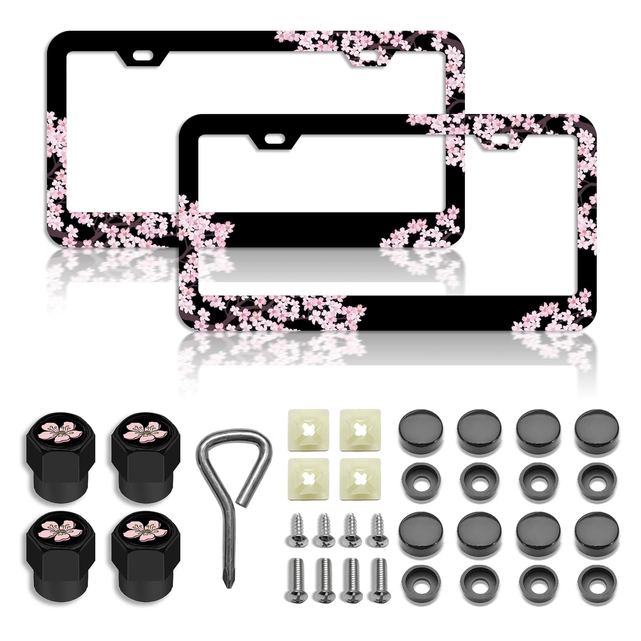 Cherry Blossoms License Plate Frame Premium Pink Flowers Steel License Plate Holder Compatible All Vehicle License Plate Tag Cover Fit Accessories Included (Pink)
