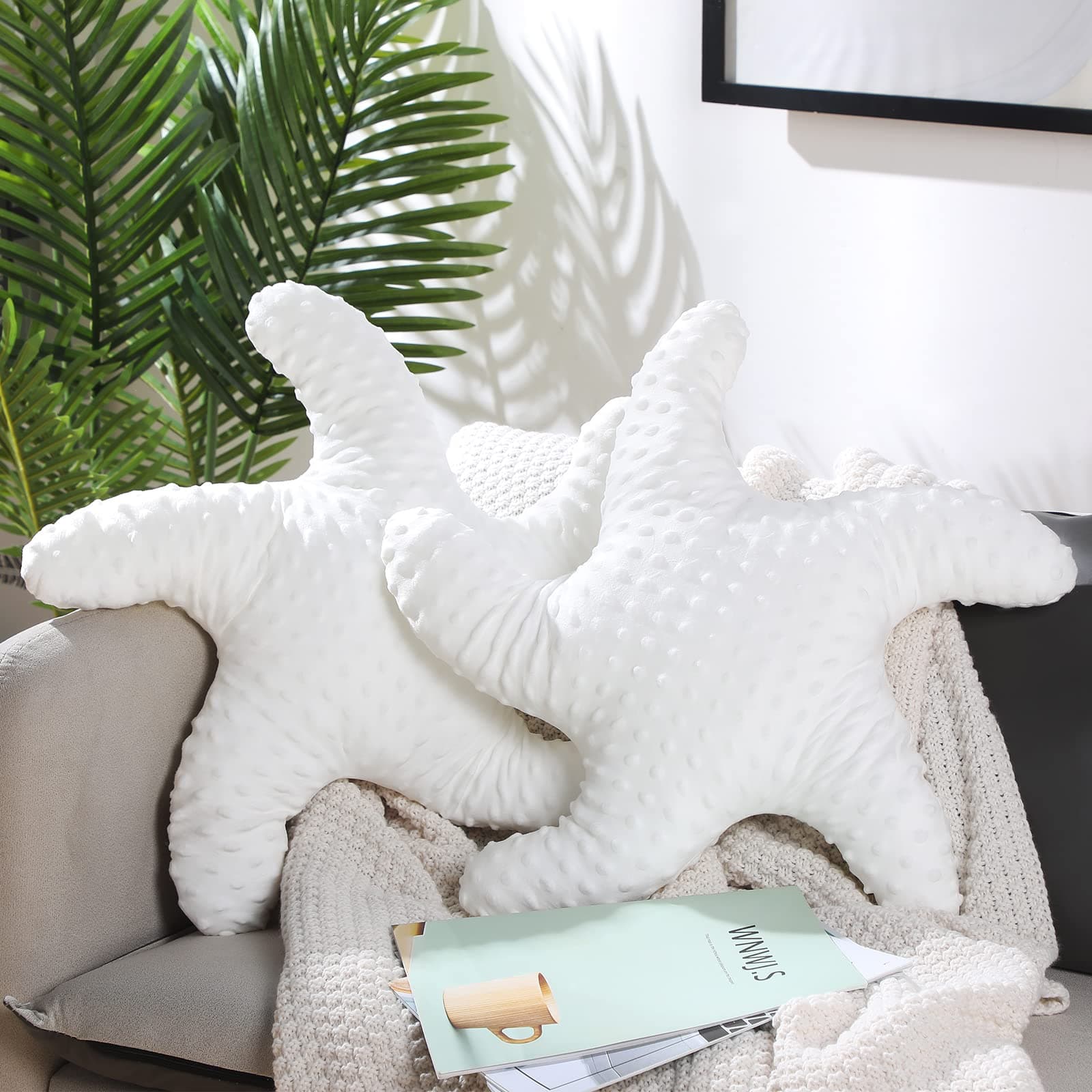 Fumete Starfish Pillow Beach Starfish Shaped Throw Pillows 20'' Stuffed Animal Cute Plush Coastal Decor Ocean Star Pillow Plush Cushion for Bedroom Living Room Sofa Couch(White,2 Pcs)