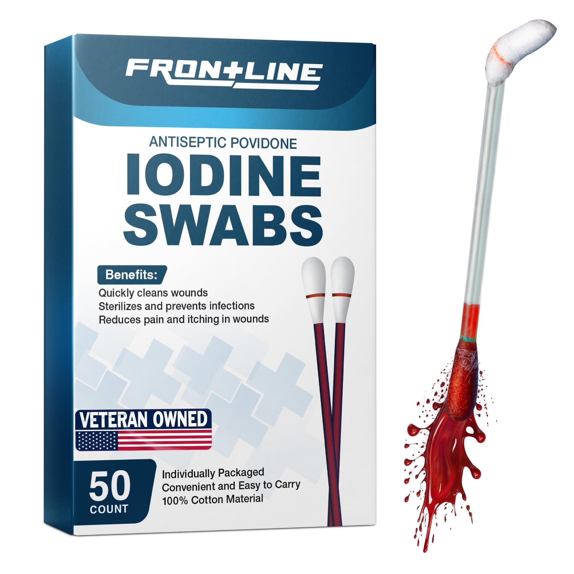 FrontLine Povidone Iodine Swabs, Antiseptic Swabsticks, Iodine Solution, Cleansing Cotton Swab, Individually Wrapped Medical Supplies, Wound Care, First Aid, Wound Cleaner, Box of 50