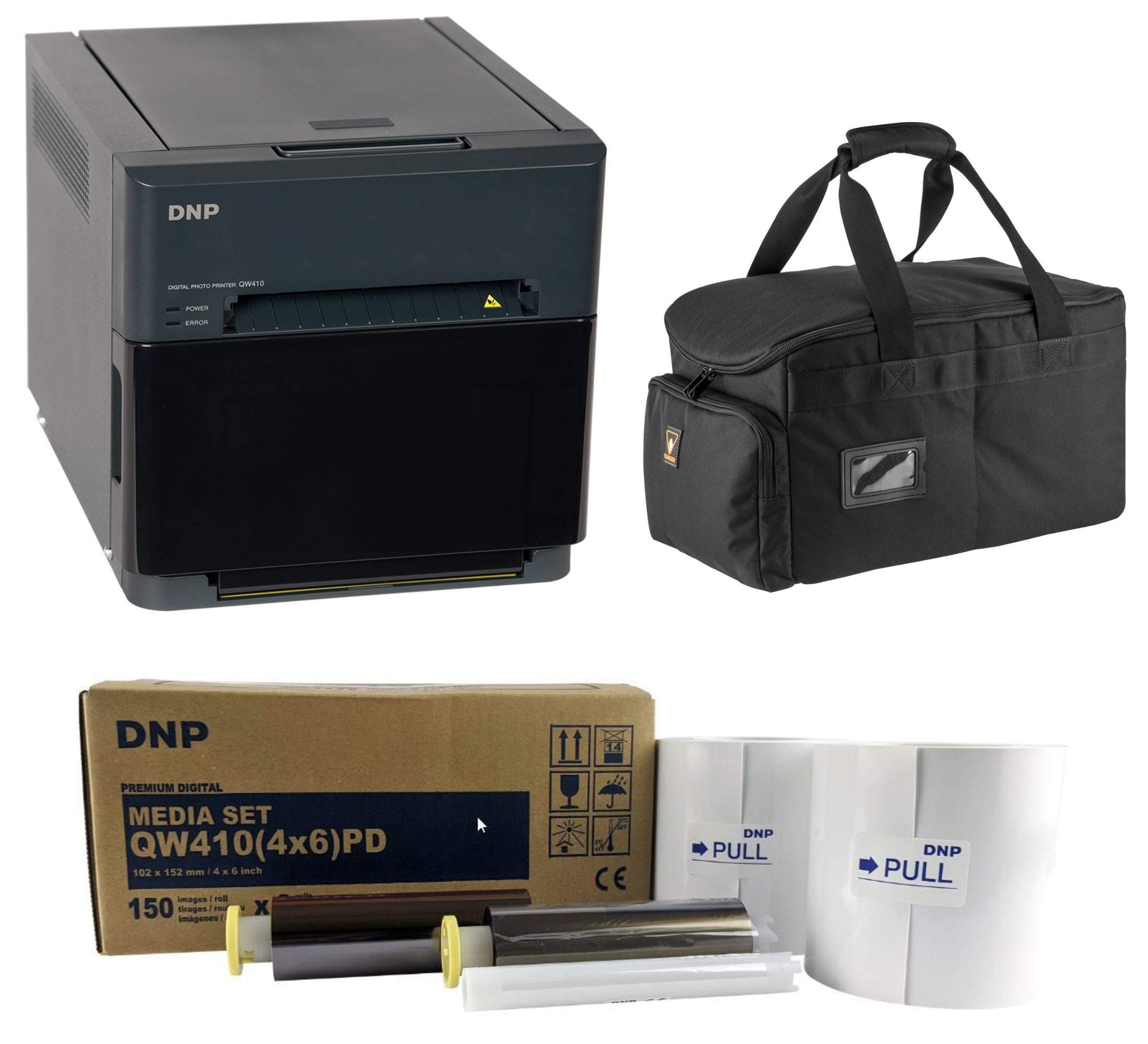 DNP QW410 4.5-inch Dye-Sublimation Professional Event Photo Booth Printer Essential Bundle with 4x6-inch DNP Digital Media, 2 Rolls (300 Total Prints), Slinger Printer Case