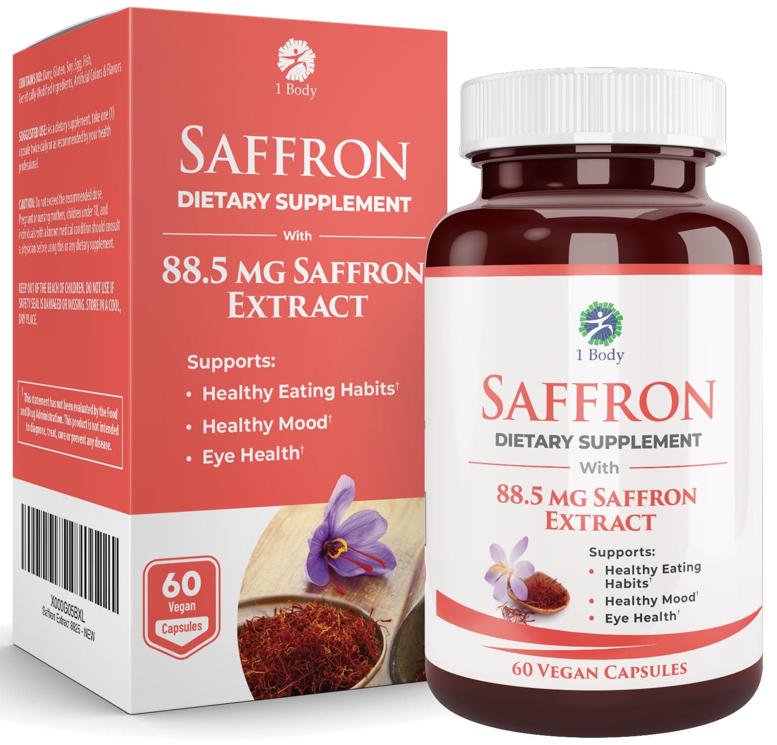 1 Body Saffron Extract Supplement, 88.5 mg Safranal, Antioxidant and Mood Support, Vegetarian Capsules