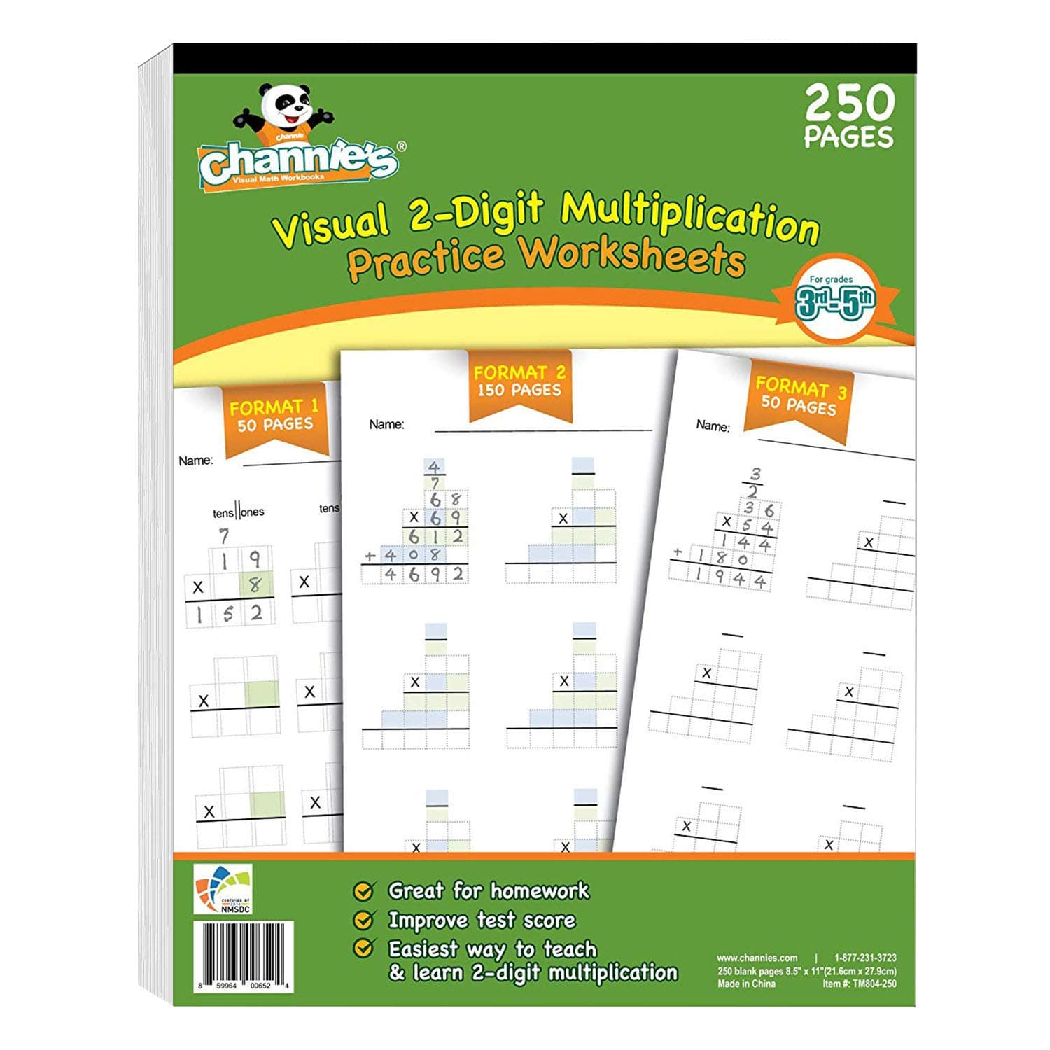 Channie's One Page A Day Double Digit Multiplication Math Practice Blank Template, 250 Loose Pages Ream, Grades 3rd, 4th, and 5th, Size 8.5” x 11”
