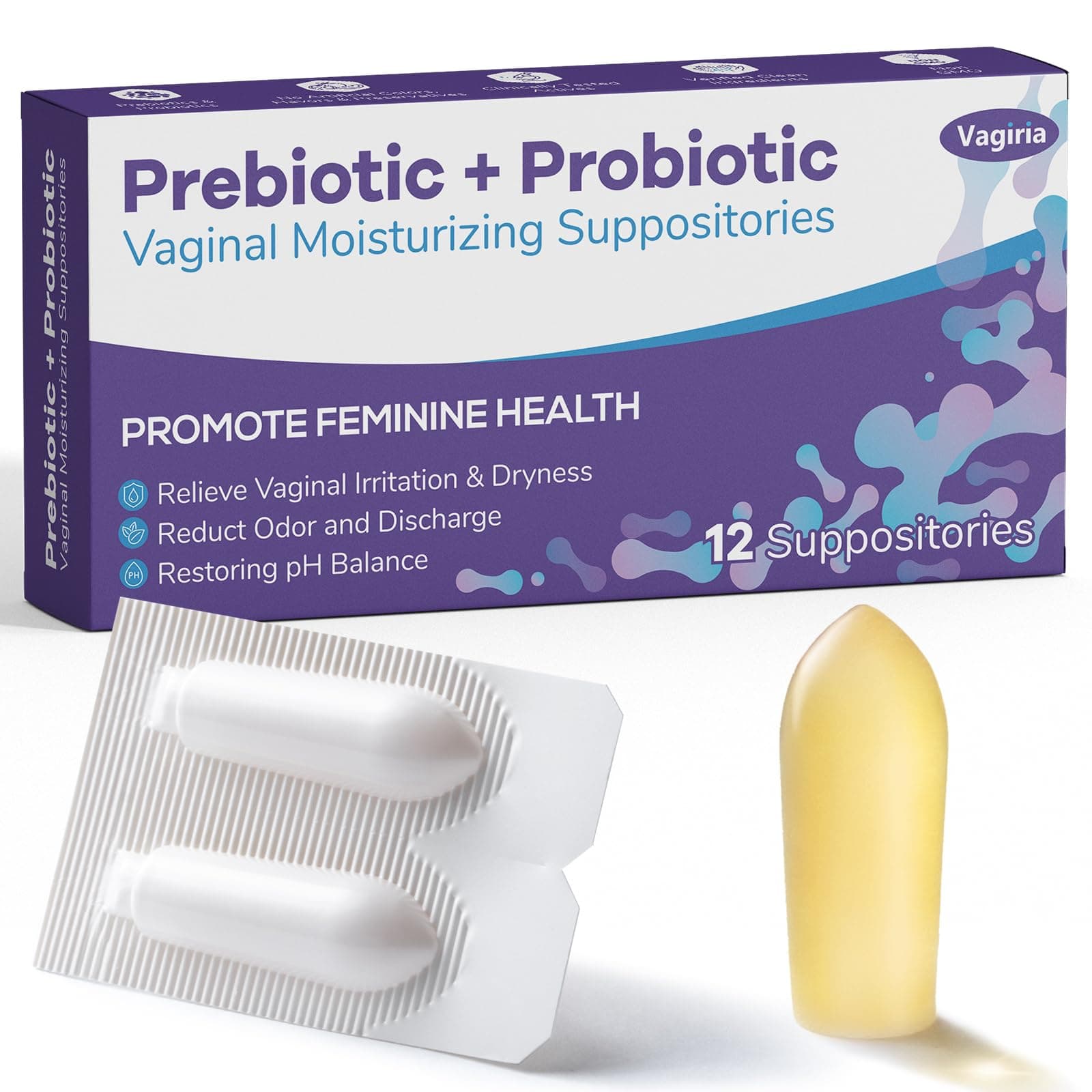 Vaginal Probiotic Suppositories, Prebiotic Infused with Hyaluronic Acid, Tea Tree, and Vitamin C&E, pH Balance Support Formula Fights Dryness, Odor and Discomfort, Restore Feminine Health(12 Counts)