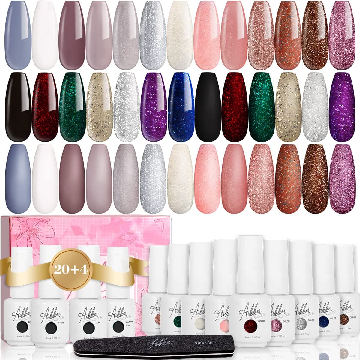 20+5 Gel Nail Polish Kit 20 Colors 8ml Soak Off UV Nail Gel with Base and No Wipe Top Coat for Nail Salon Grace Set AK24