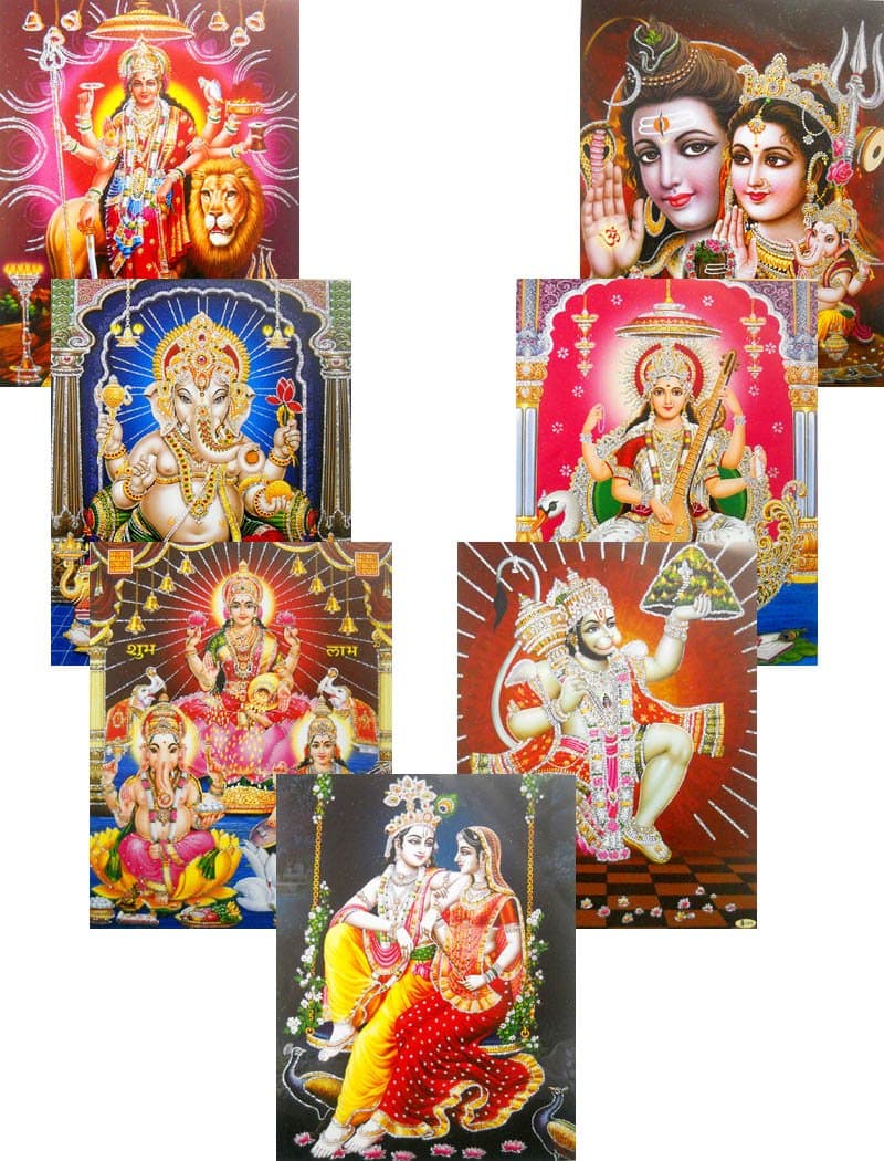 Wholesale Lot 10 Hindu Gods and Goddess Glitter Posters : Size - 9x11 Inches