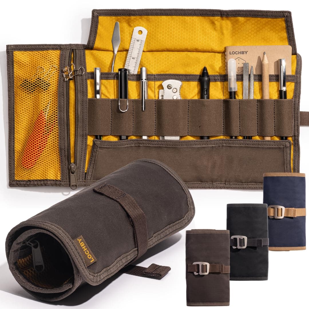 LOCHBY Tool Roll, 8x16 Inches (Unrolled) -Rugged Everyday Carry Organizer for Pens, Tools, & More -Tactical Minimalist Accessory for Men & Women Made with Waxed Canvas -Aluminum Hook Fastener (Brown)