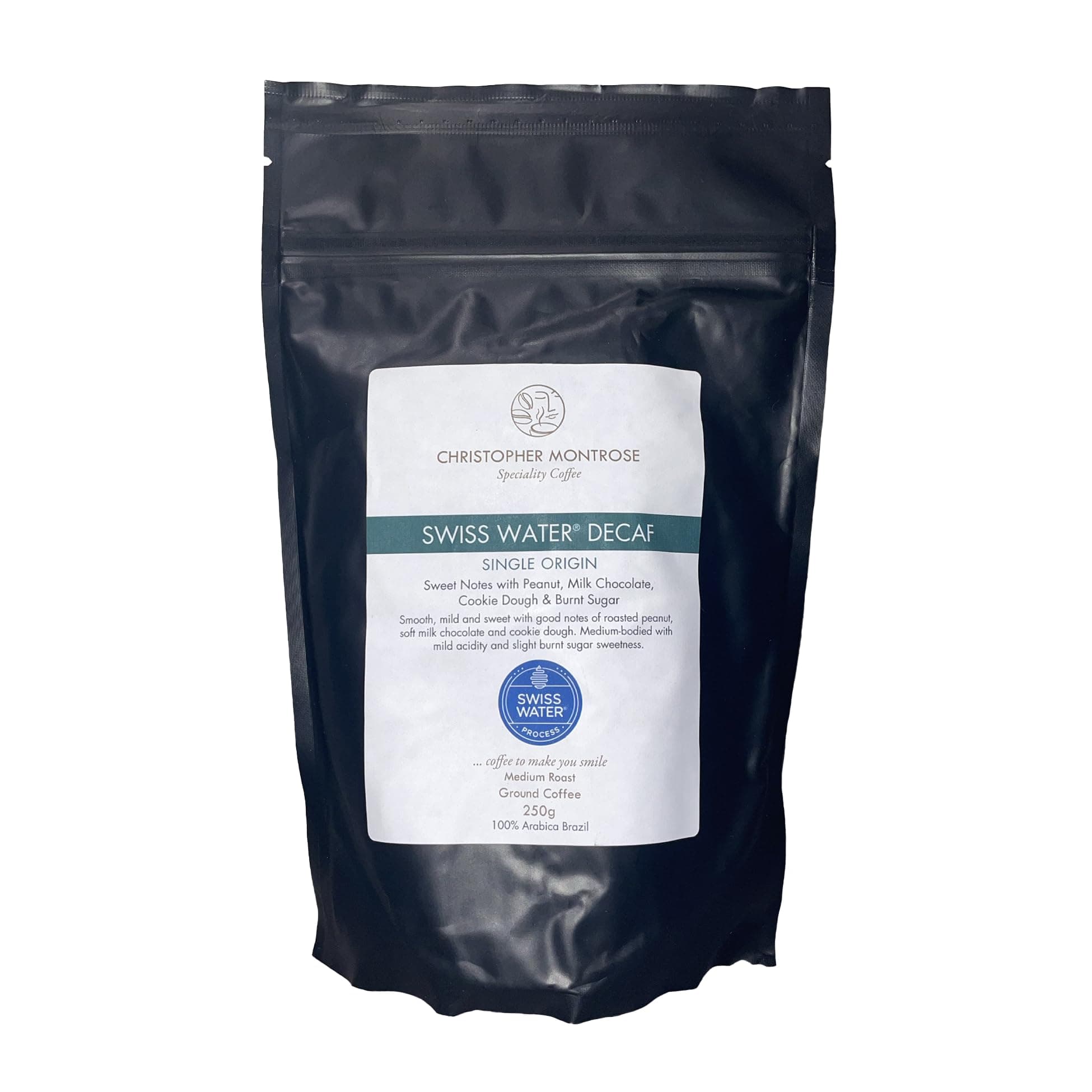 Christopher Montrose CoffeeSingle Origin Swiss Water Decaf | Medium Roast Ground Coffee 250g