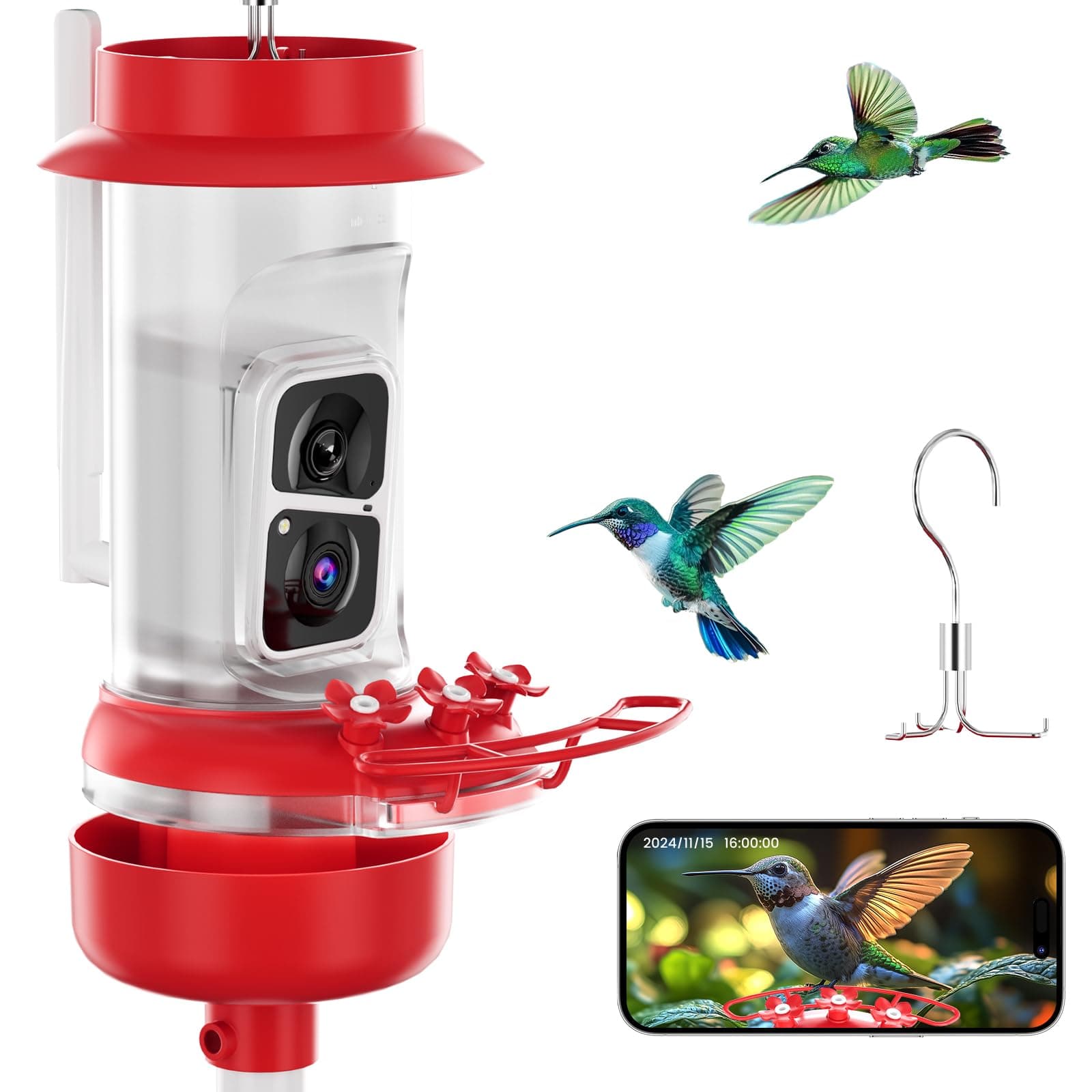The Original Hummingbird Feeder Camera with 2K Live View, Leak Proof, Ant Moat, Bee Proof with AI Identify Species,Outdoor Pole or Hook Hanging, Gifts Ideas for Family (16 OZ)- Soliom
