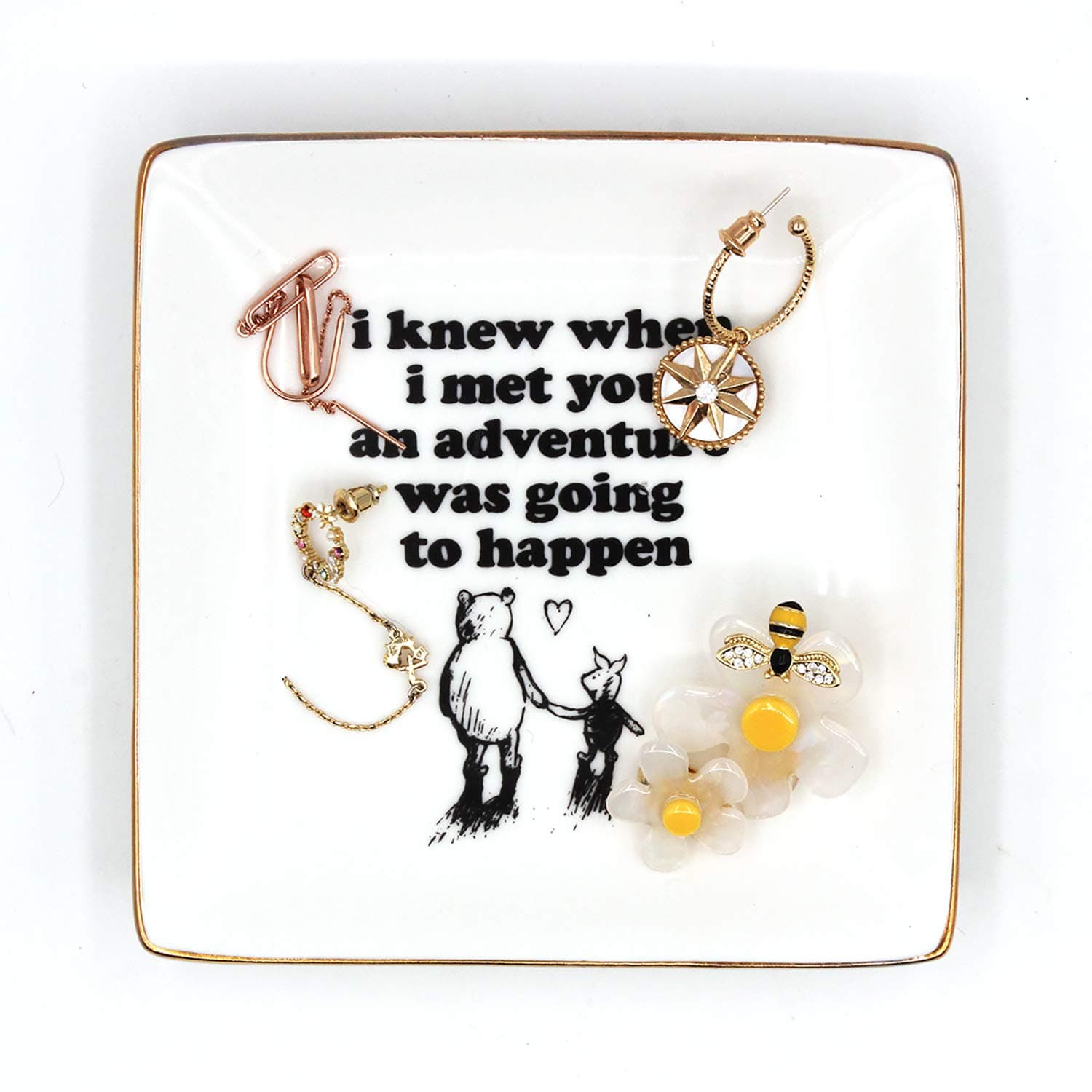 Classic Inspirational Winnie The Pooh Quotes and Saying Ring Jewelry Holder Dish for Sister Friends Girl Daughter Room Bedroom Decor