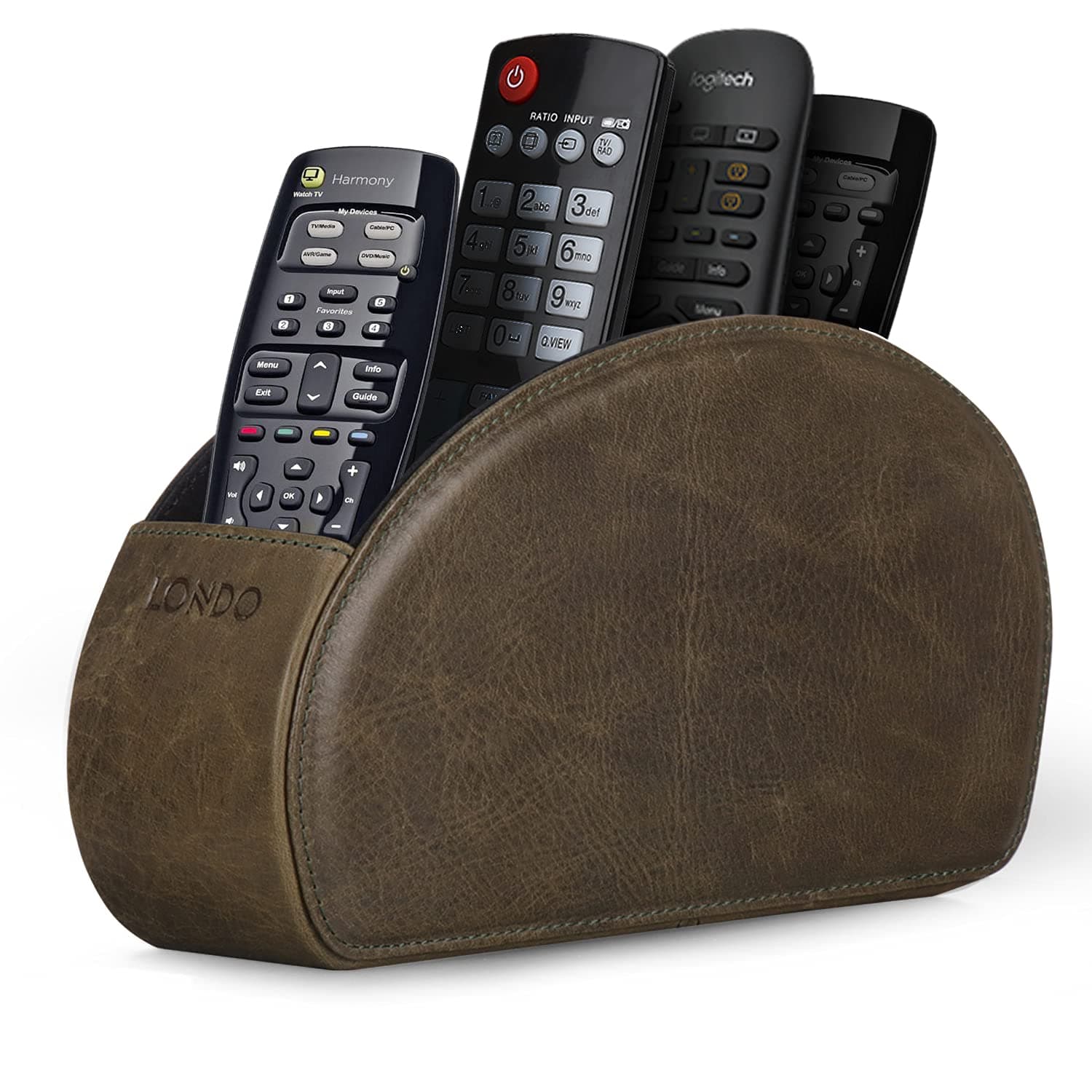 Londo Remote Control Holder with 5 Pockets - Store DVD, Blu-Ray, TV, Roku or Apple TV Remotes - Real Leather with Suede Lining - Slim, Compact Living or Bedroom Storage