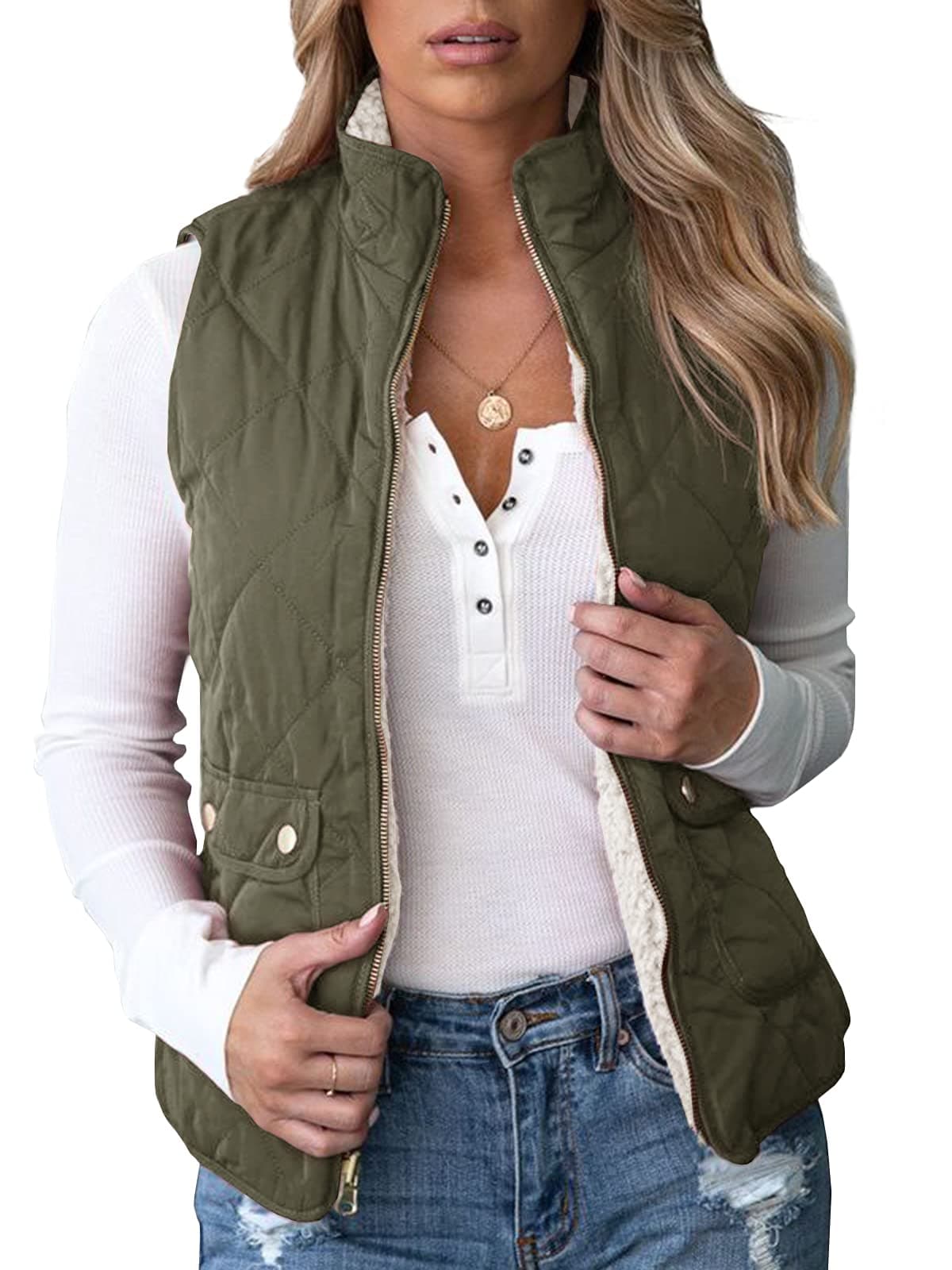- Valphsio Womens Reversible Quilted Sherpa Fleece Vest Lightweight Sports Vest Coat