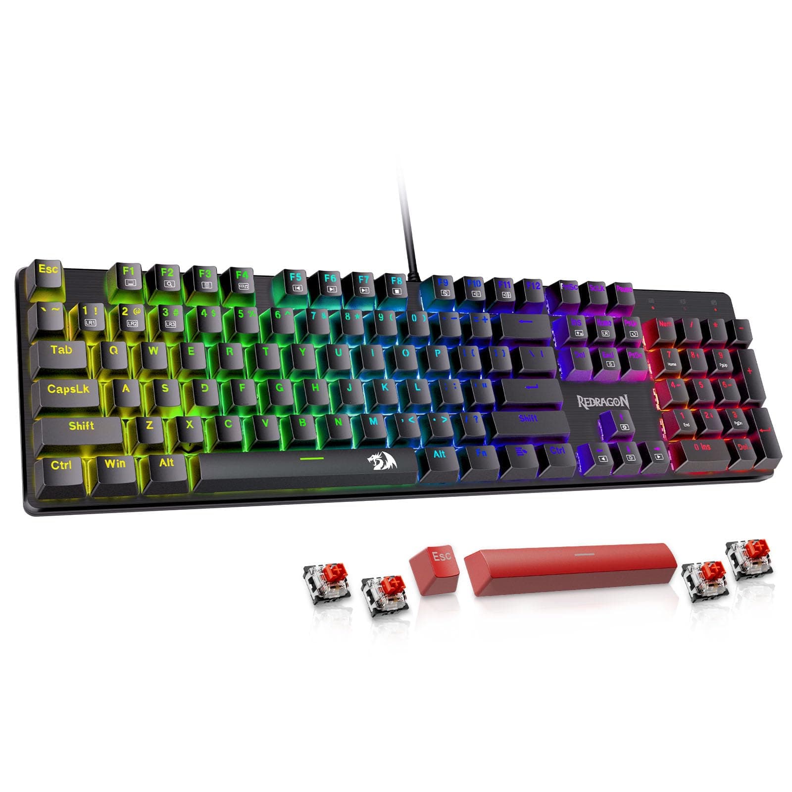 Mechanical Gaming Keyboard, Wired USB-A, 104 Keys, RGB LED Backlit, Hot-Swappable Red Switch, Anti-Ghosting, Double-Shot PBT Keycaps, PC Gaming Keyboard