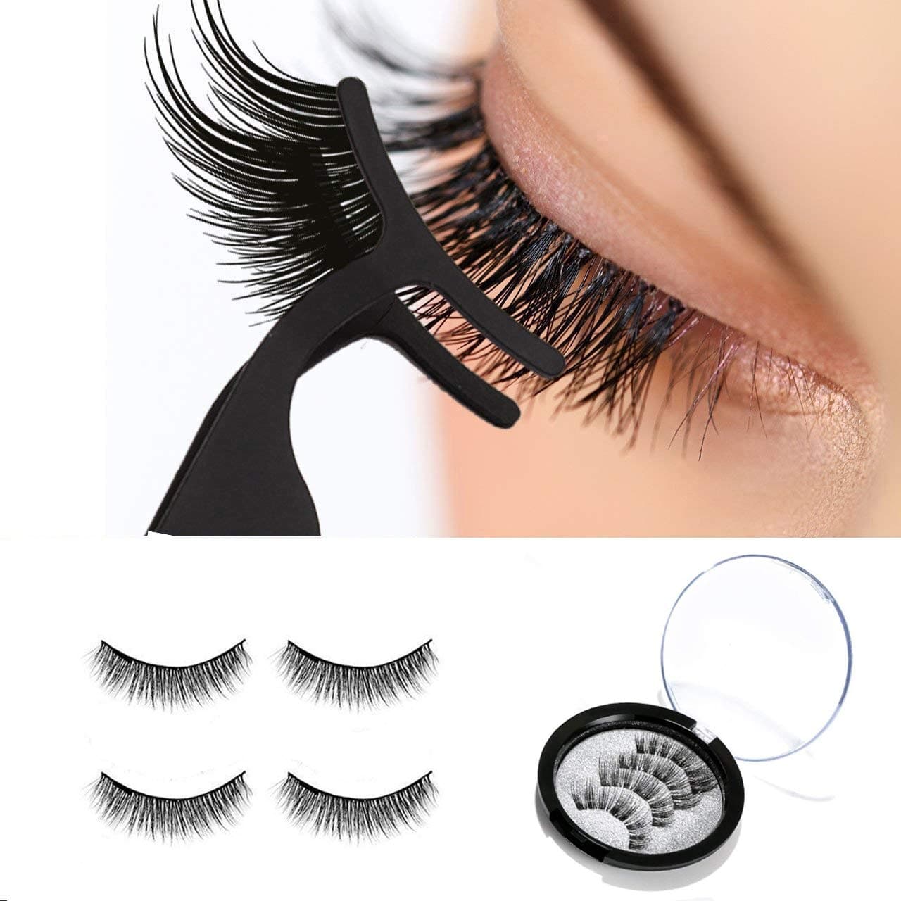 Magnetic Eyelashes – Natural Look 3 Magnets Lashes for Full Eye Covered, 0.2mm Ultra Thin Magnet and Easy to Wear 3D Reusable Soft False Eyelashes with Eyelash Tweezer (4 Pcs)