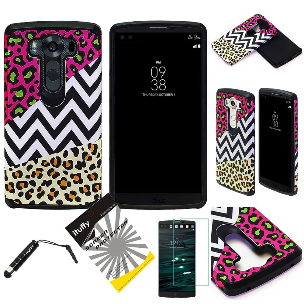for LG V10 ITUFFY (TM) 3items Combo: Screen Protector + Stylus Pen + Dual Layer Shock Proof Hybrid Armor Case (Pink Gold Chevron Leopard)