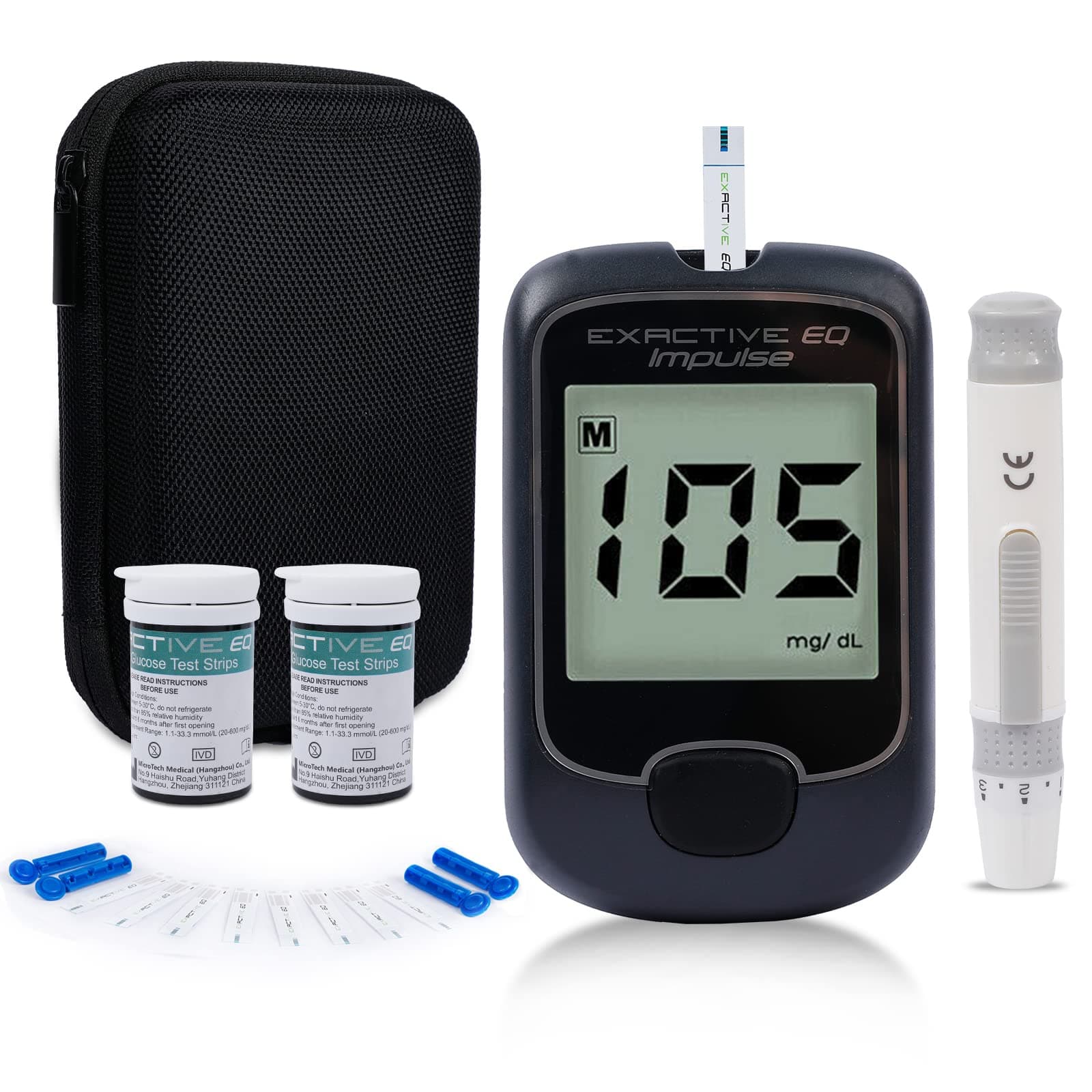 Blood Glucose Monitor Kit Diabetes Testing Kit, Exactive EQ Diabetes Testing Kit Blood Glucose Sugar Tester Kit with 50 Test Strips and 50 Lancets-mg/dL