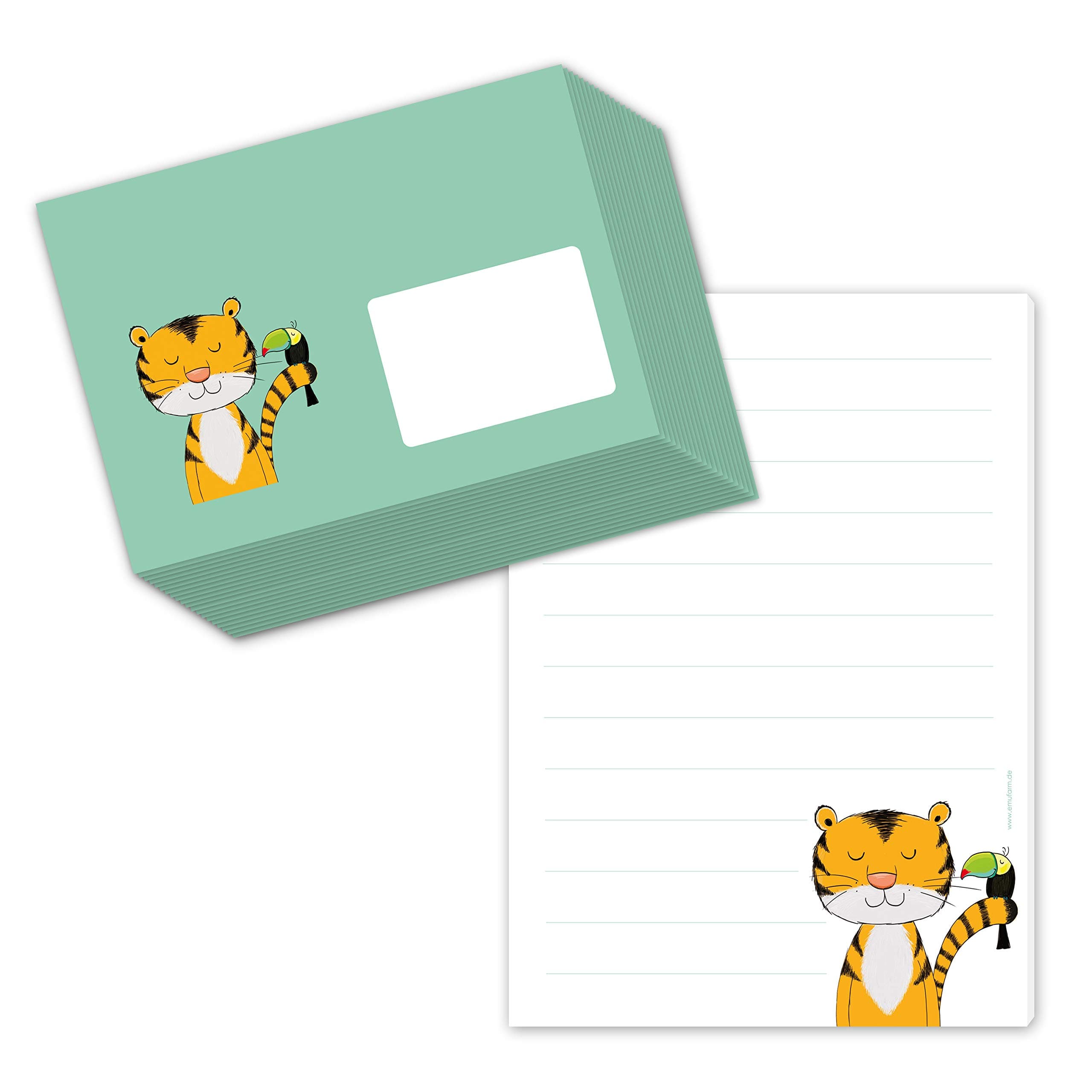 Tiger Theobald writing paper set for children, DIN A5, lined writing pad with 50 sheets, includes 20 matching envelopes