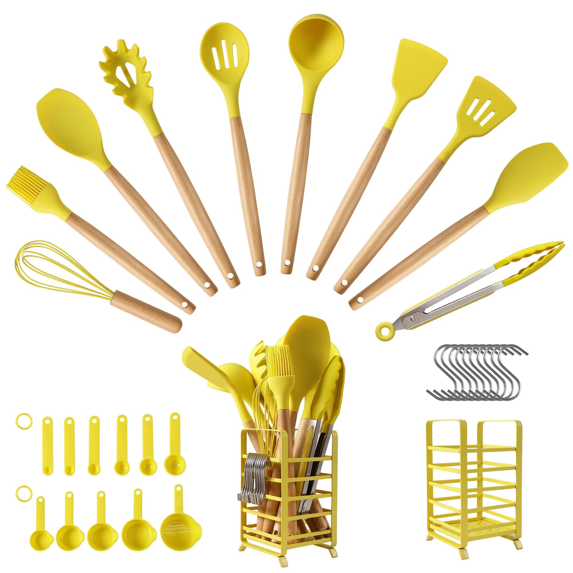 Kitchen Utensils Set, 32 PCS Silicone Cooking Utensils Set with Stainless Steel Holder, 446°F Heat Resistant Food Grade Kitchen Gadgets Tools Set Wooden Handle for Nonstick Cookware (Yellow)