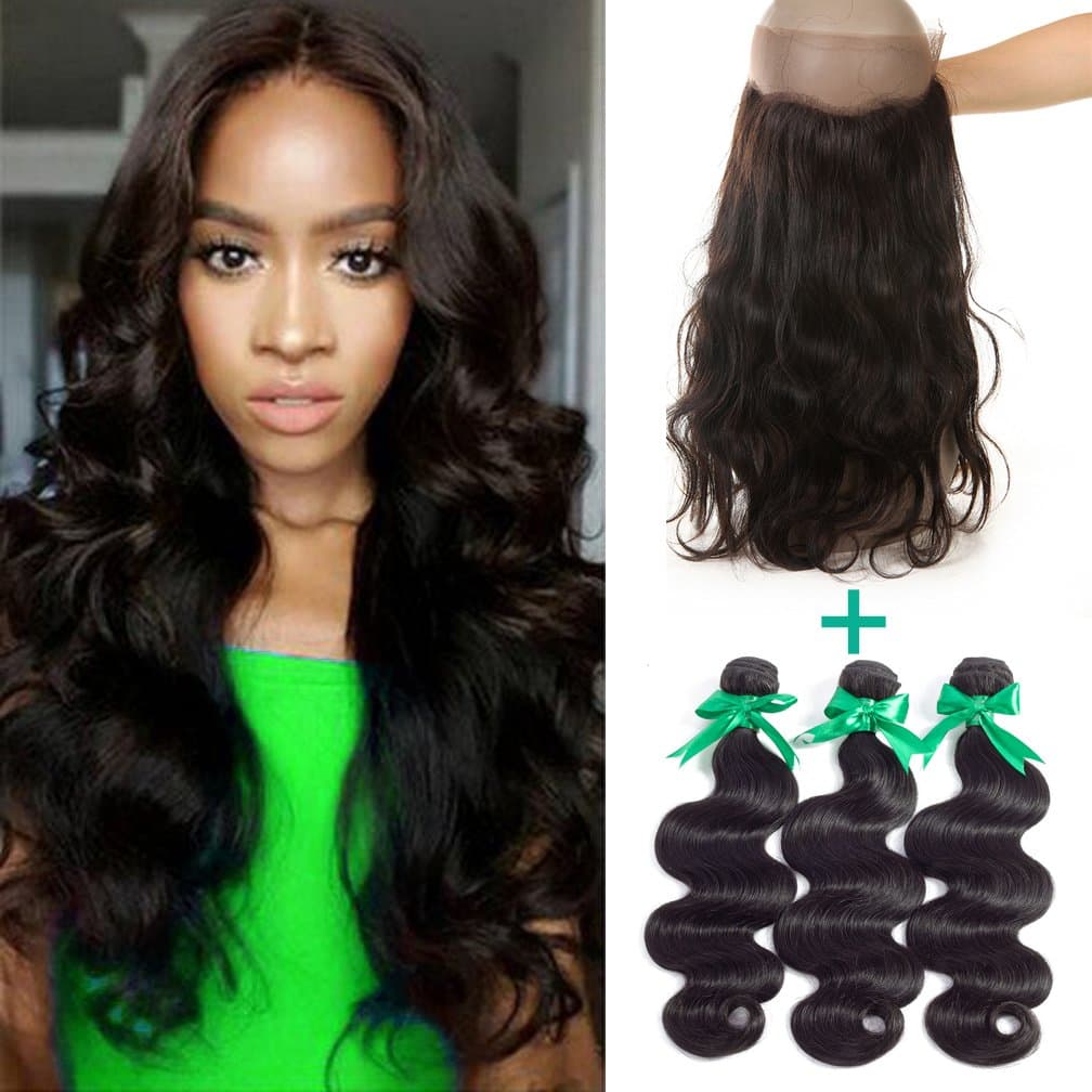 MIssIvy Hair Brazilian Virgin Hair Body Wave Human Hair 360 lace frontal Band Closure 22"x4"x2" Body Wave Hair Around Natural Hairline with 3 Bundles for Black Women 16 18 20+18inch