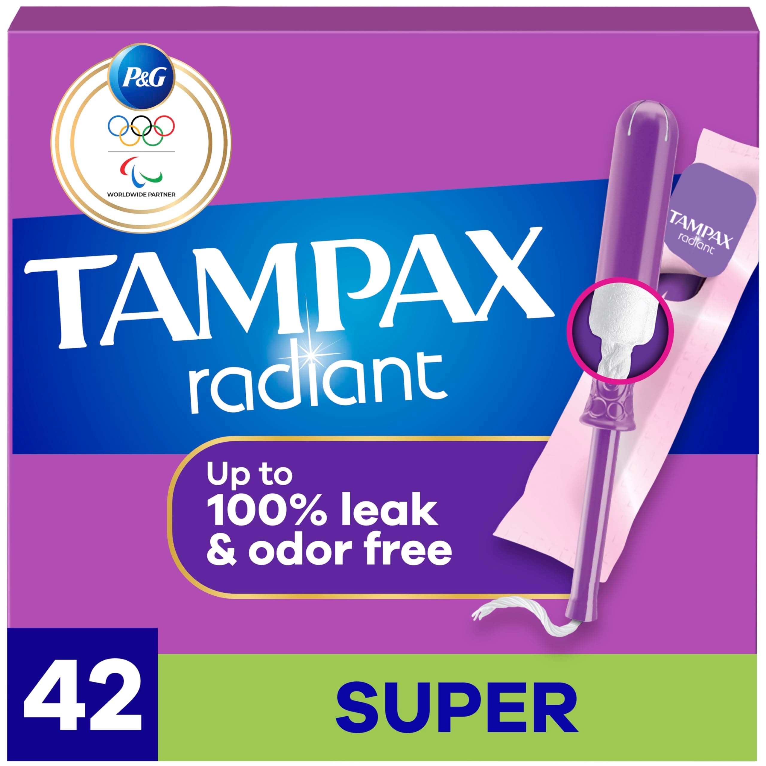 Radiant Tampons for Women, with LeakGuard Braid, Super Absorbency, Unscented, 42 Count