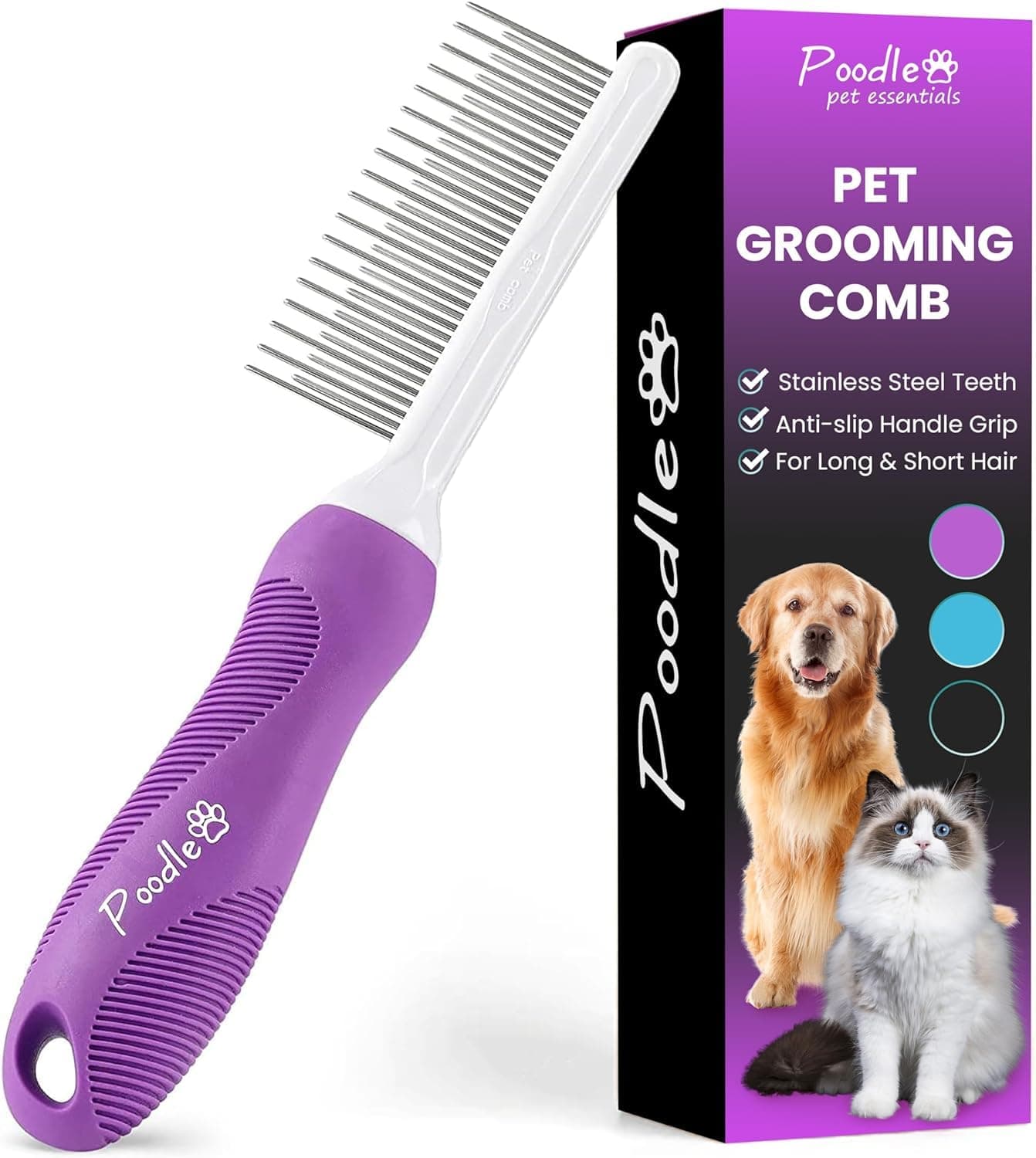 Detangling Pet Comb with Long & Short Stainless Steel Teeth for Removing Matted Fur, Knots & Tangles – Detangler Tool Accessories for Safe & Gentle DIY Dog & Cat Grooming (Grooming Comb)