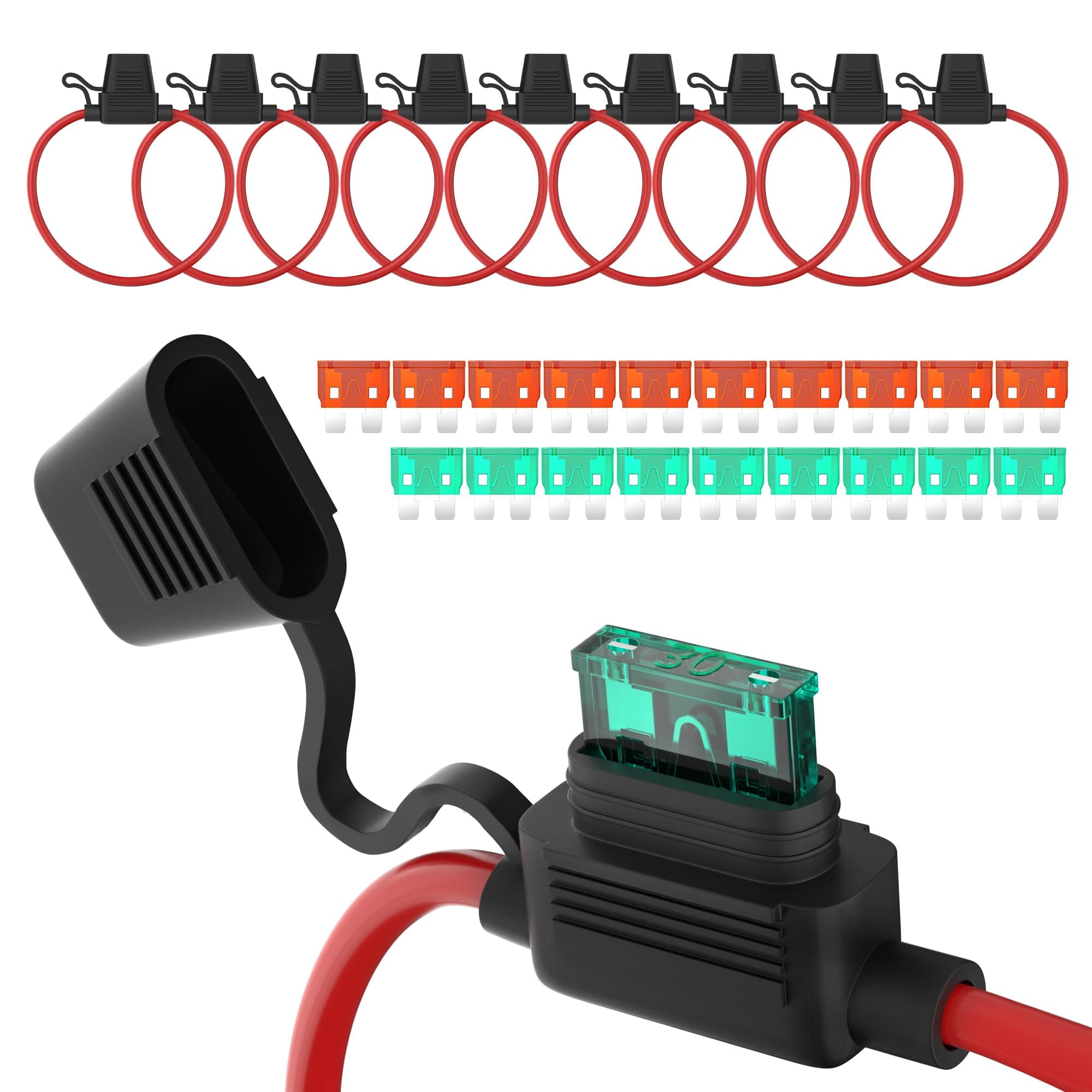 DaierTek 12 AWG Inline Fuse Holder 12V, ATO/ATC in Line Fuse Holder 12 Volt Waterproof with 30 Amp & 40 Amp Medium Blade Fuse for Marine Car Automotive- 10pcs