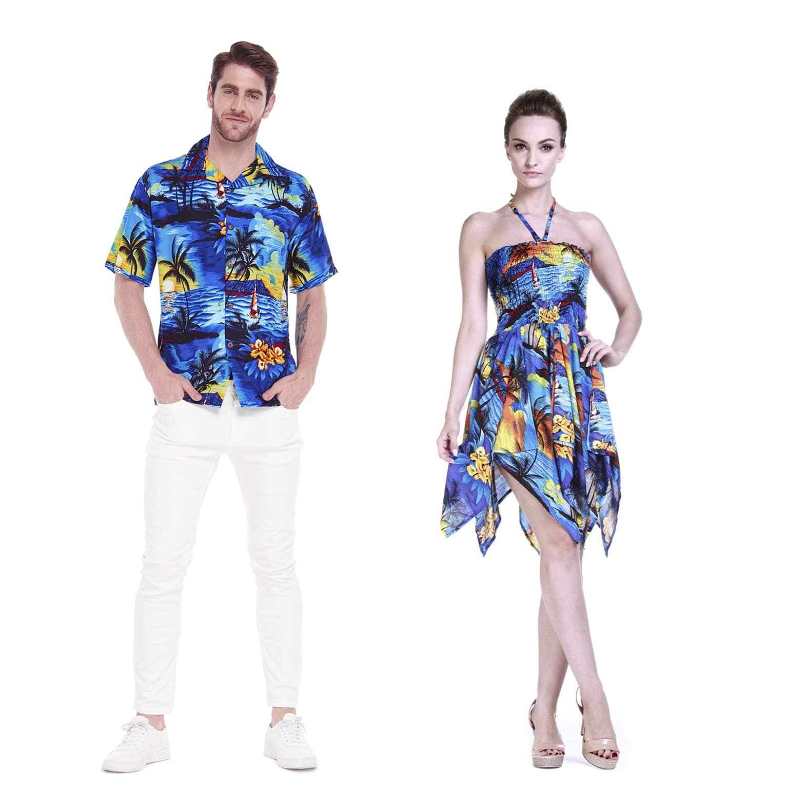 Couple Matching Hawaiian Luau Aloha Shirt Gypsy Dress in SunBlue