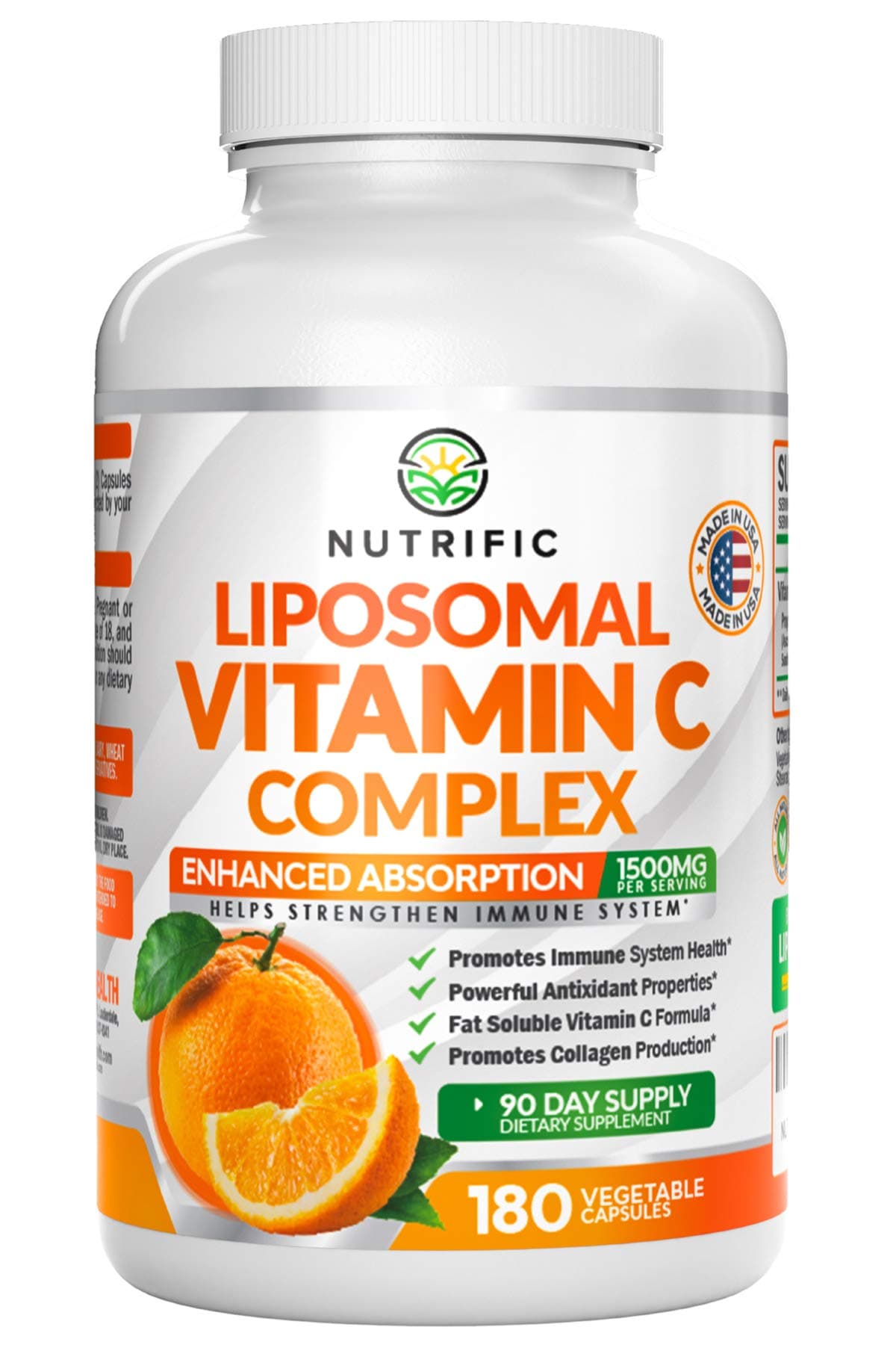 NUTRIFIC Liposomal Vitamin C Complex | High Dose Supplement for Healthy Heart, Brain, & Immune System - Potent, High Absorption 1500mg - Gluten Free - 180 Vegan Capsules for Adult Men and Women