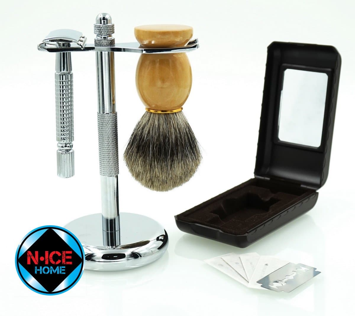Wet Shave Kit - Shaving Kit Includes Pure Badger Shaving Brush, Chrome Stand & Double Edge Razor, with 5 Double Edge Razor Blades ; Premium Shave Set, Men Shaving Set(premium Shaving Set)