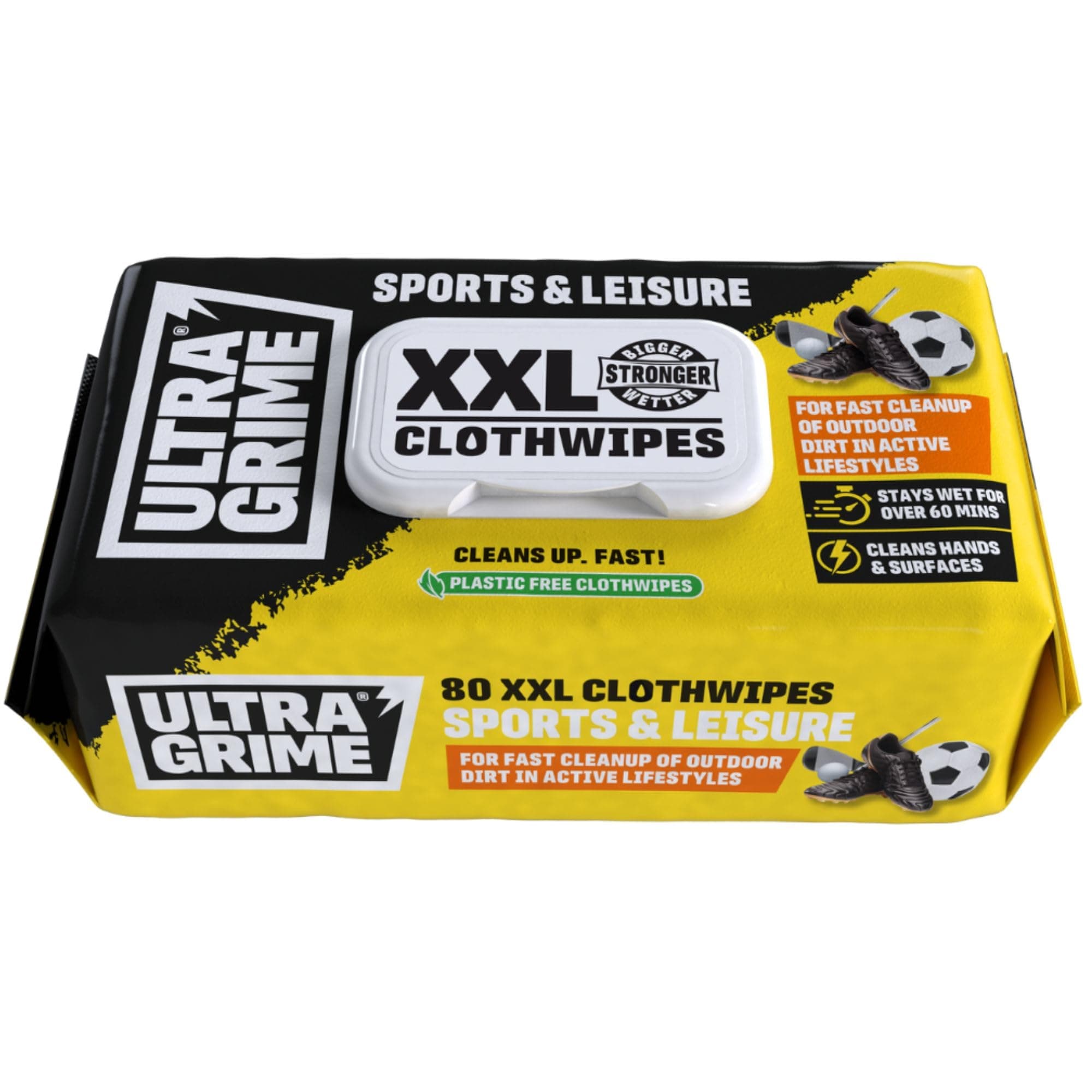 UltraGrime Sports & Leisure XXL Biodegradable Clothwipes - 80 Thick Multi Purpose Cleaning Cloths - Multi Surface Cleaner for Sports Equipment, Hands, Trainers, Football Boots, Golf Equipment Cleaning
