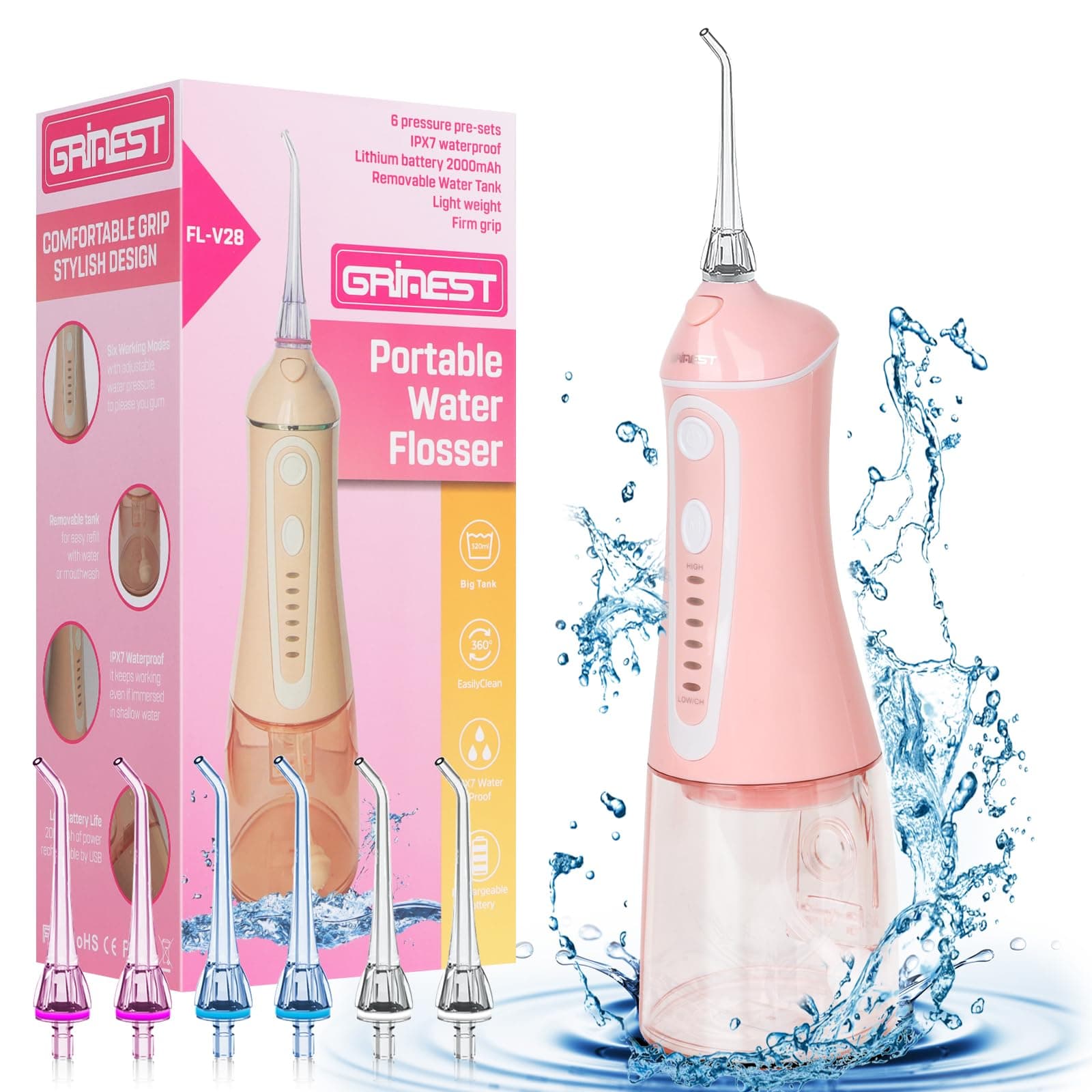Water Dental Flosser Pick for Teeth,Grinest Cordless Water Dental pik Teeth Cleaner 7 Modes Rechargeable Oral Irrigator Portable IPX7 Waterproof Tooth flossing Cleaning for Home Travel-Pink