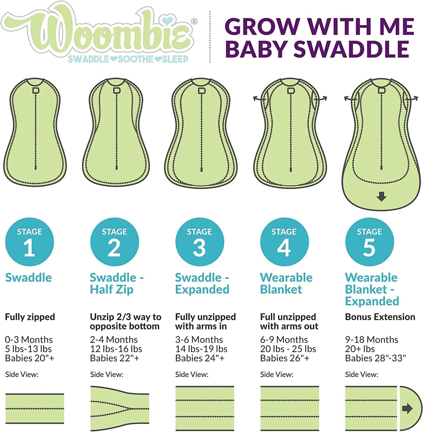Woombie Grow with Me Baby Swaddling Blanket, Convertible Swaddle Fits Babies 0-9 Months, Expands to Wearable Blanket for Babies up to 18 Months, Twilight