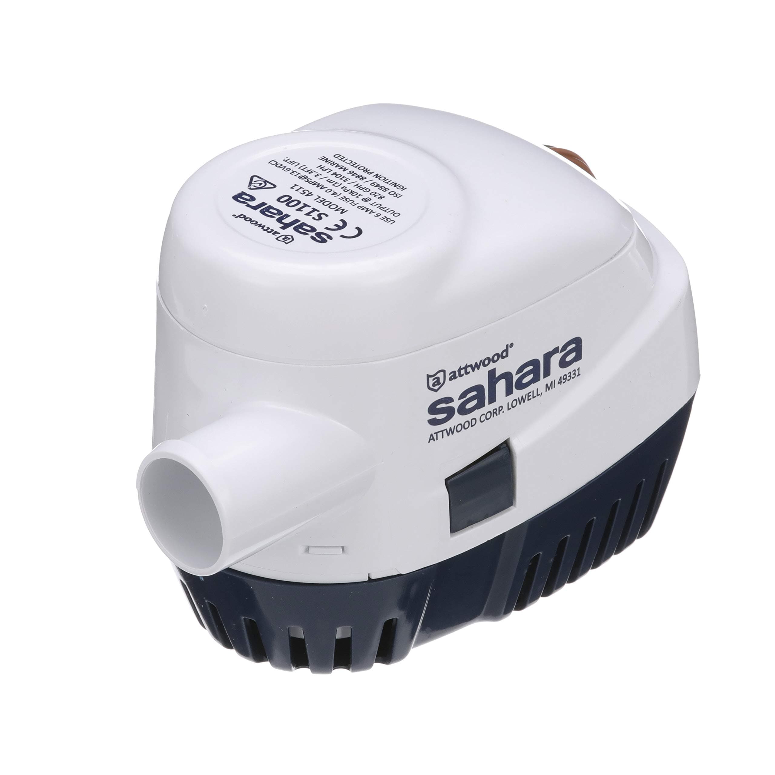 attwood4511-7 Sahara S1100 Automatic Bilge Pump, 1100 GPH, 12-Volt, 1.5-Amp Draw, ¾-Inch Interior Diameter Hose, 29-Inch Wire