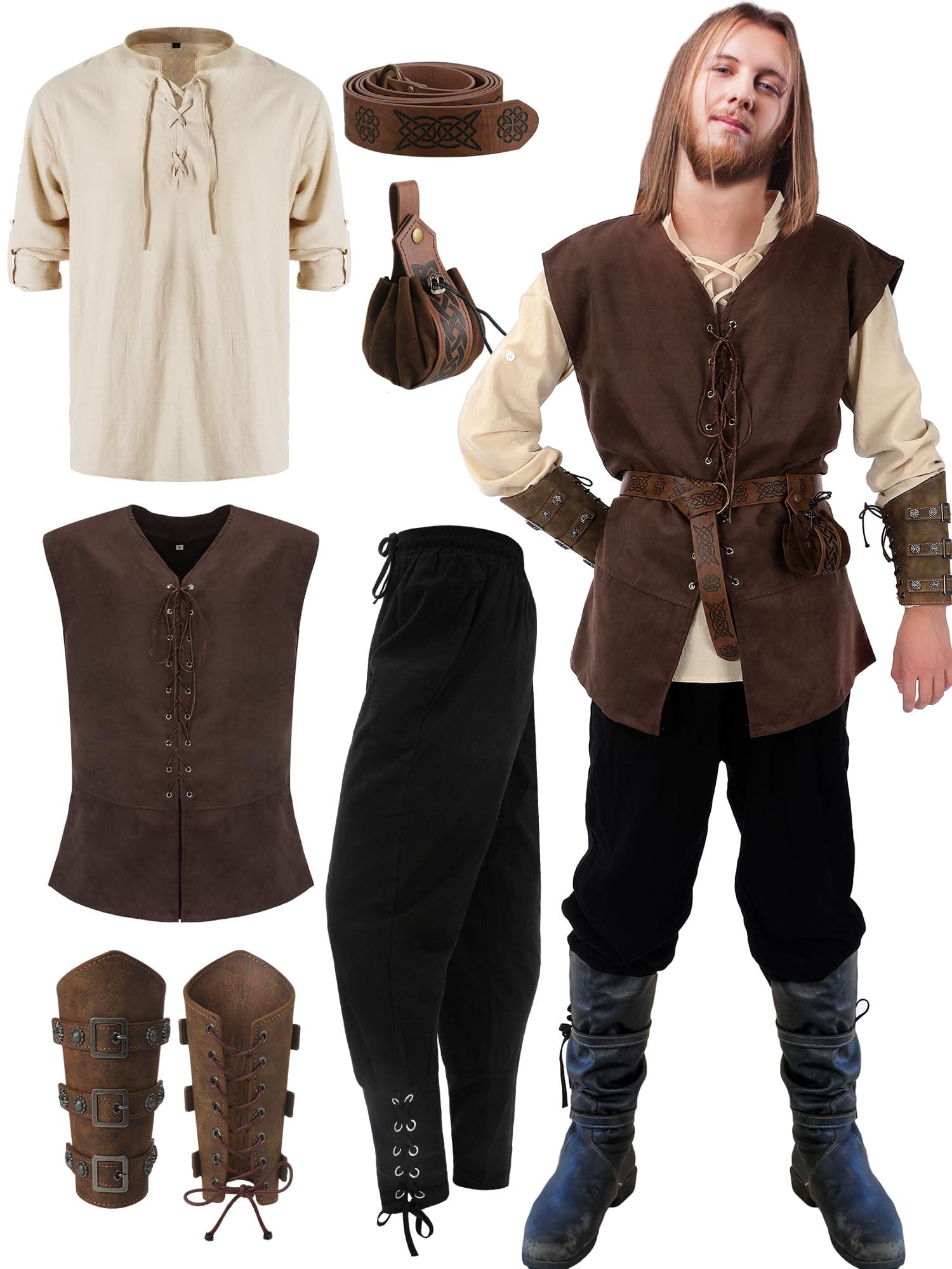 Suhine 6 Pcs Men's Halloween Renaissance Costume Set Medieval Vest Shirt Ankle Banded Pants Viking Belt Armband Pouch
