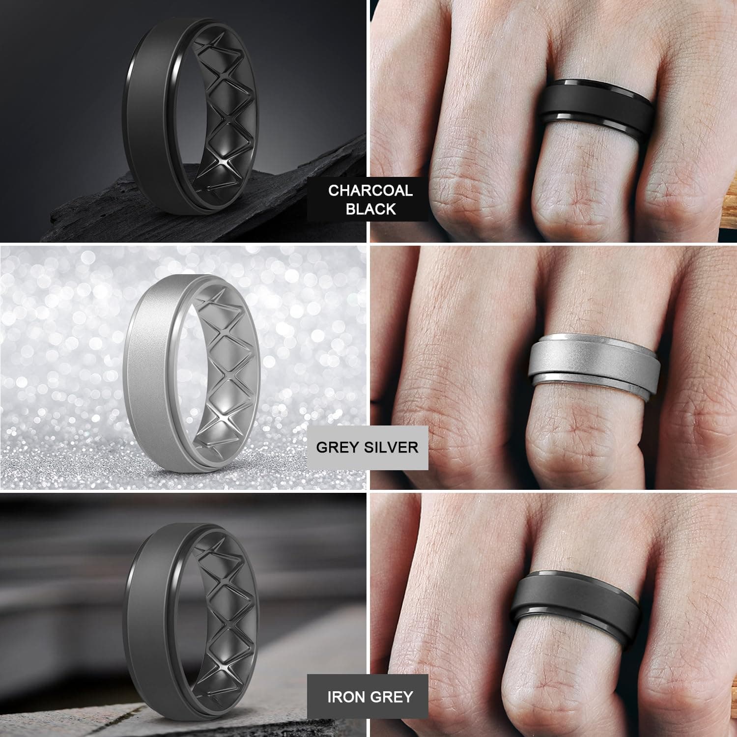 Egnaro Men's Rings 8.5mm Wide-2mm Thick Inner Arc Ergonomic Breathable Rubber Wedding bands-Hypoallergenic for Gym/Outdoor/Gift((1-7 Variety Pack with Half Size)