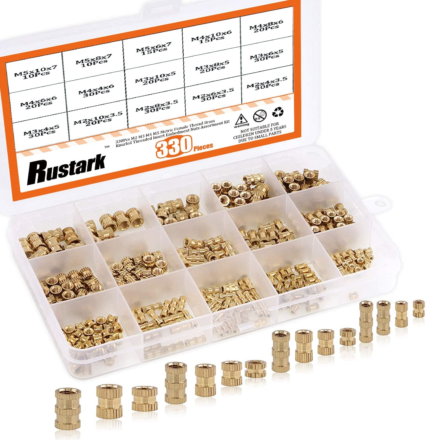 330Pcs M2 M3 M4 M5 Metric Female Thread Brass Knurled Threaded Insert Embedment Nuts Assortment Kit