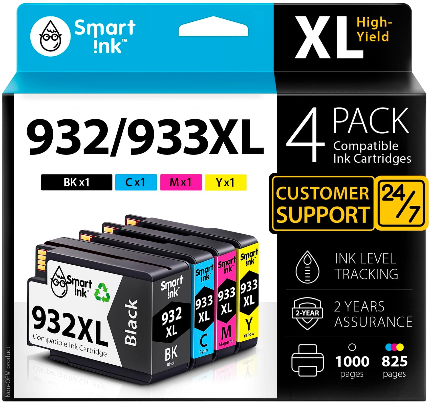 Smart Ink Compatible Ink Cartridge Replacement for HP 932XL 933XL 932 XL 933 XL 4 Combo Pack (XL Black, Cyan, Magenta Yellow) to use with HP Officejet 6100 6600 6700 7110 7510 7610 7612 7620 Printers
