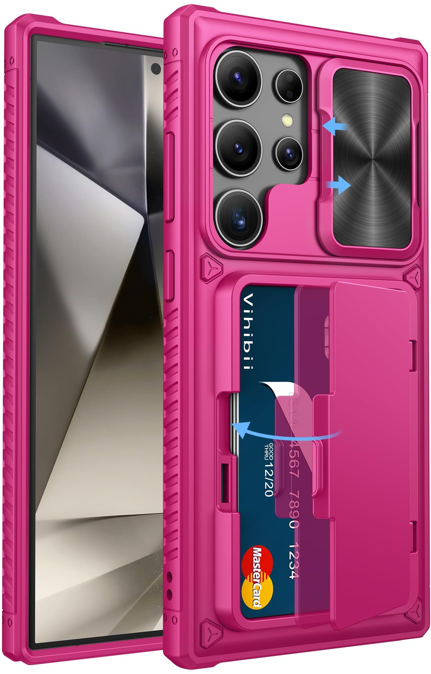 for Samsung Galaxy S24 Ultra Case with Card Holder (4 Cards) & Slide Camera Cover & Kickstand, Shockproof Rugged Hard Back & TPU Soft Edge Wallet Case for Galaxy S24 Ultra (Pink)