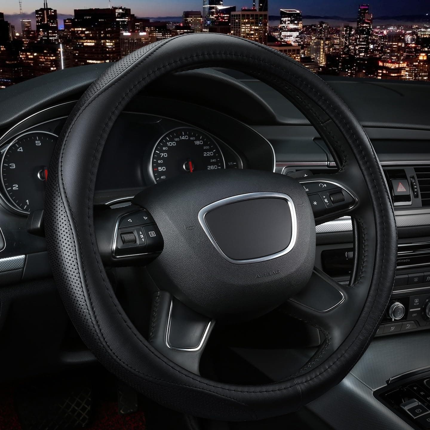 KAFEEK Steering Wheel Cover for Men Women, Universal 15 inch Microfiber Leather with Non-Slip Rubber Lining, Breathable Car Wheel Protector, Odorless, Durable, Black