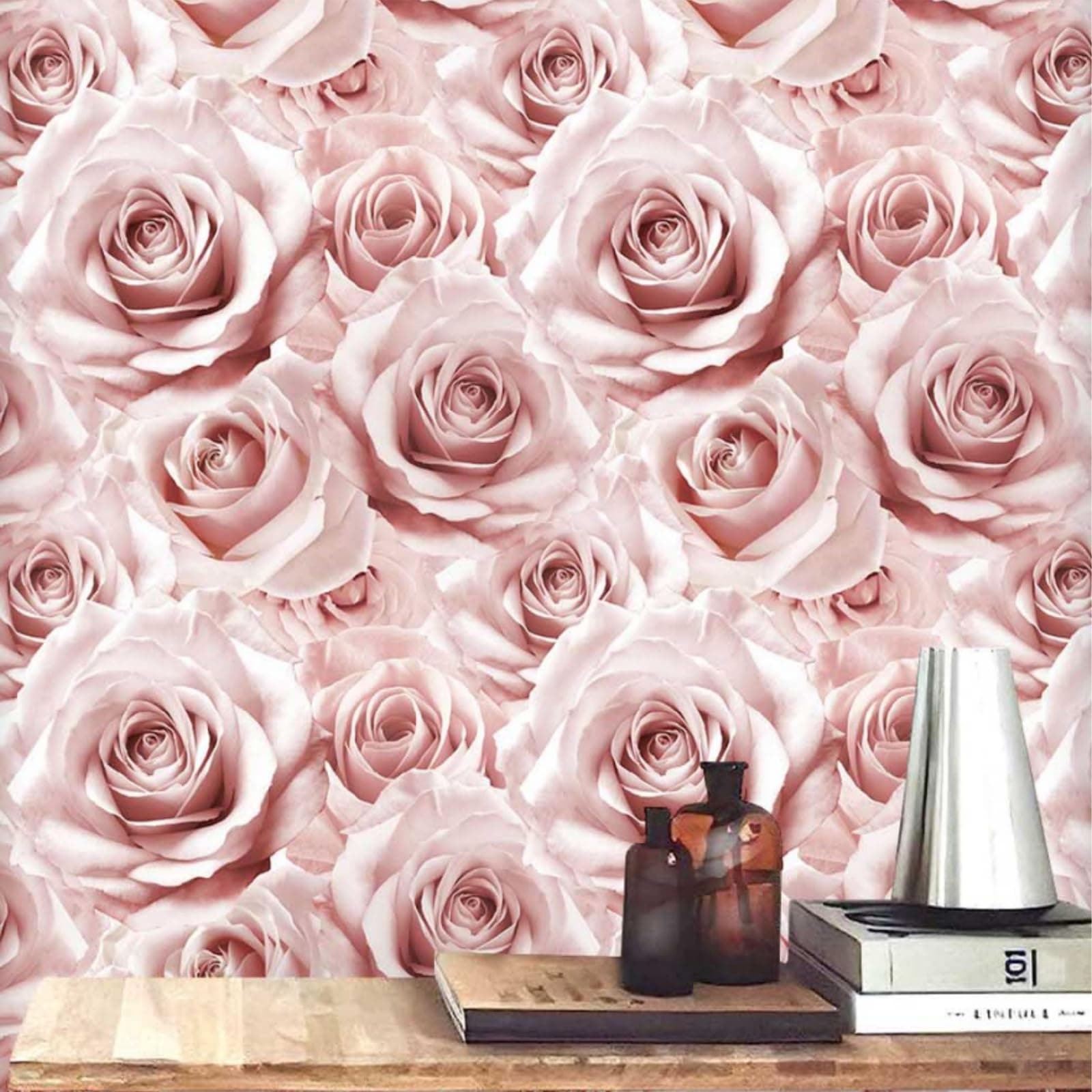 Abyssaly Pink Floral Peel and Stick Wallpaper Modern, Rose Flower Contact Paper for Girls Room Decoration, Vinyl Self Adhesive Wall Paper for Bathroom Bedroom Home Decorative 17.7" X 393.7"