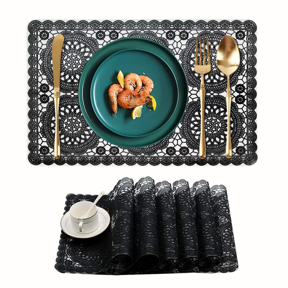 Kreatur Plastic Waterproof Placemats for Dining Table Wipe Clean Washable Tablemats Vinyl PVC Table Mats for Kitchen Black