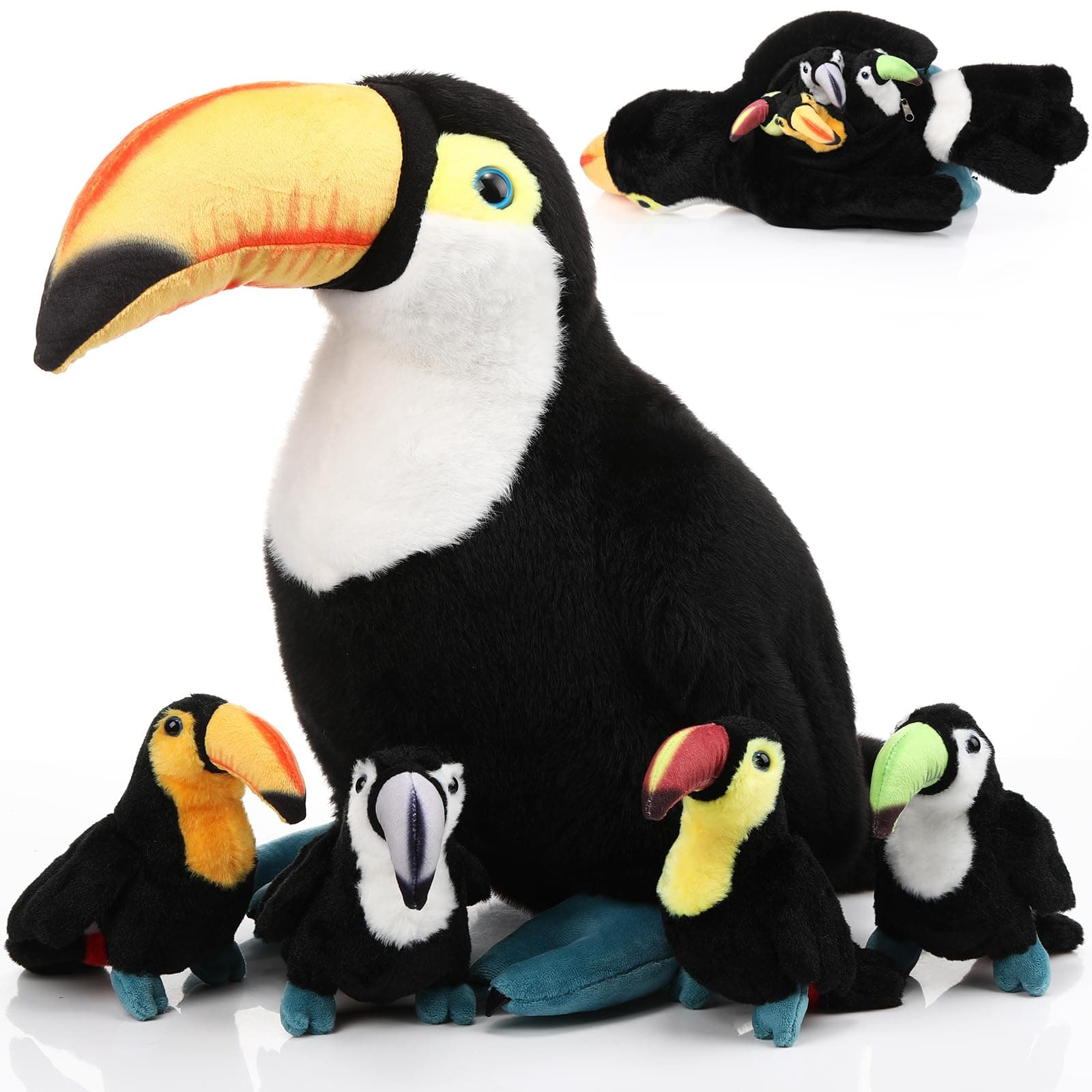 HyDren 5 Pcs Stuffed Animal Black Bird Stuffed Animal 14 Inch Large Realistic Mommy Bird with 4 Small Plushies in Zippered Tummy for Birthday Gifts (Toucan)