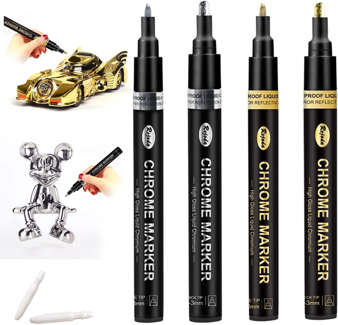 Acrylic Paint Pens, Liquid Mirror Chrome Marker, 4Pcs Reflective Gloss Metallic Marker, 1-3mm Permanent Art Paint Pen for Model Metal Plastic Cars Repair Tire, Rocks Painting, Wood, Fabric, Glass