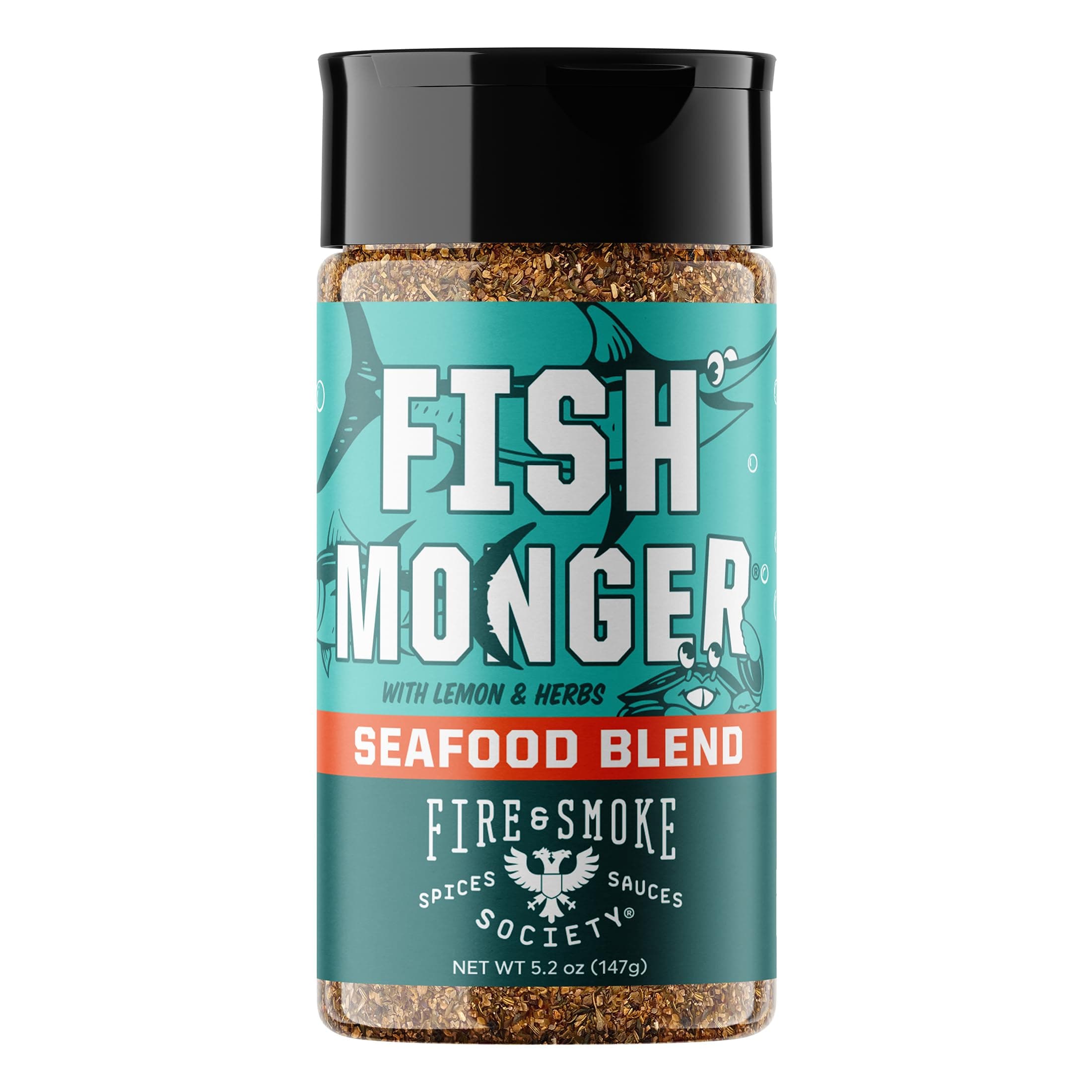 Fire & Smoke Society Fish Monger Seafood Seasoning | Fish Seasoning for Snapper, Swordfish, Tuna, Catfish, Salmon | BBQ Rubs and Spices | Himalayan Pink Salt, Garlic, Aromatic Herbs, Lemon and Orange Peel | M 5.2 oz