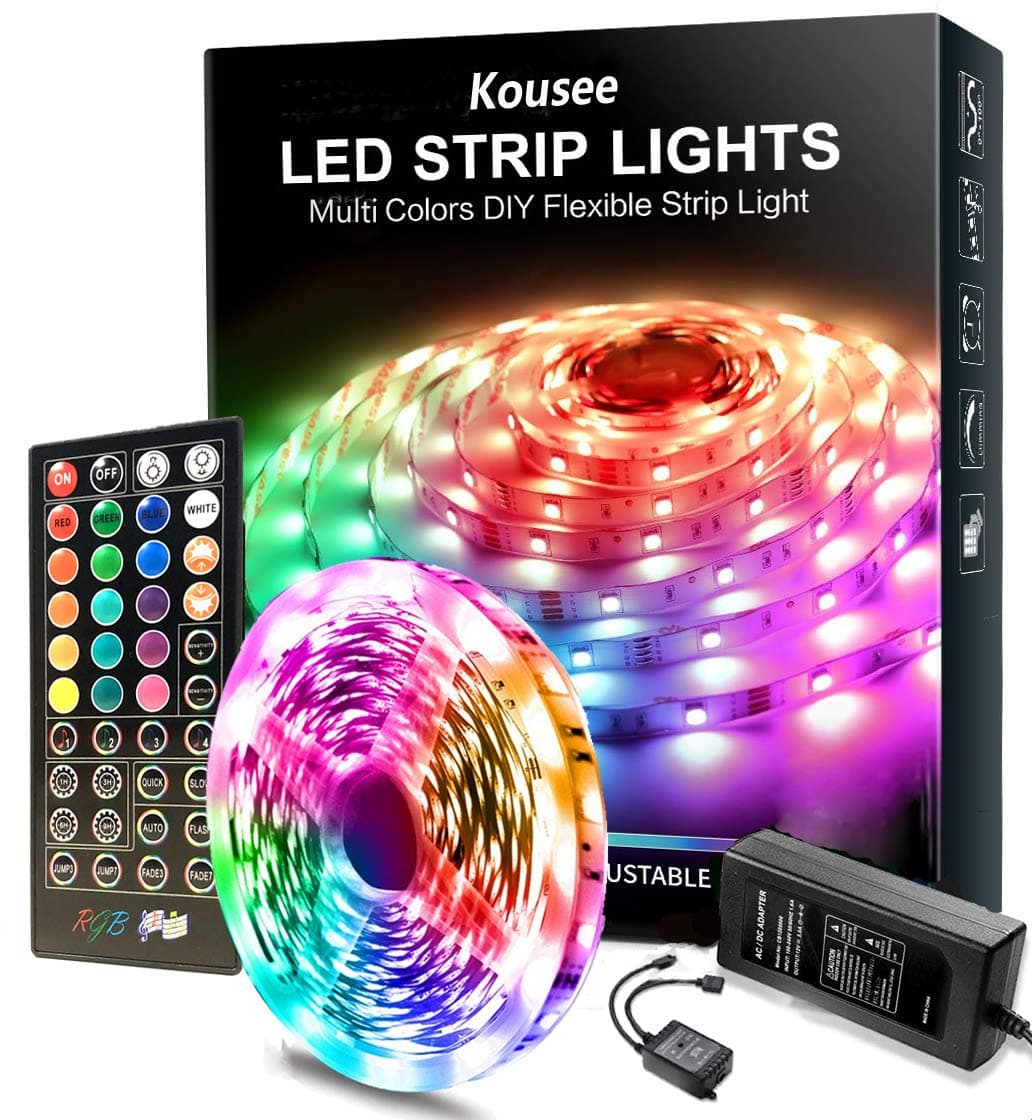 Kousee LED Strip Lights Sync to Music, 16.4ft Flexible 5m Self-Adhesive RGB Light Strips Remote Color Change 150LEDs 5050 Tape Lights Neon Ribbon Room Mood Lighting 12V for Bedroom