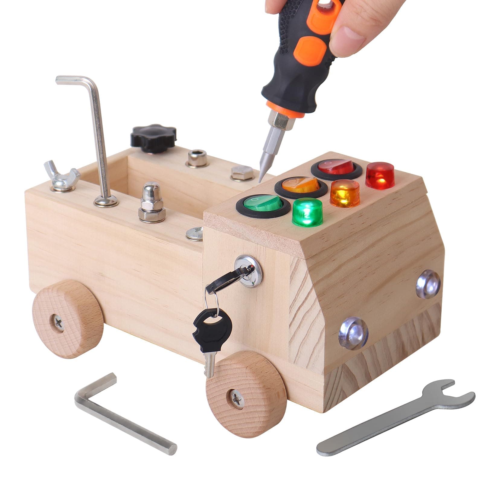 SHIERDU LED Lights Busy Screw car, Wooden Montessori Screwdriver Board for Children, fine Motor Skills Toys for Toddlers, Light Switch Autistic Sensory Toys, Gifts for Boys and Girls Over 3 Years Old