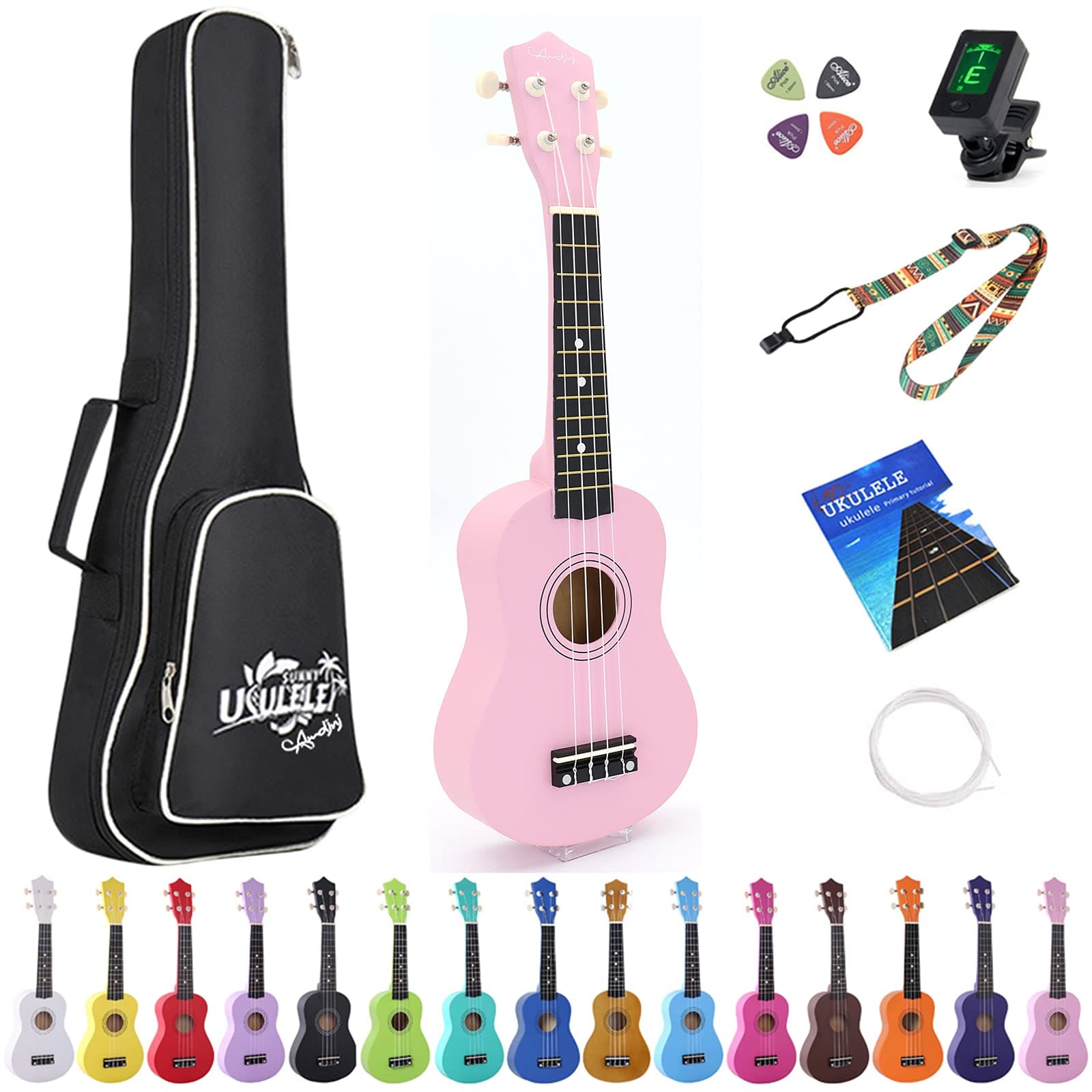 21 inch Soprano Ukulele Basswood Acoustic Mini Guitar for Beginner Starter with Case Strap Tuner Picks Strings Primary Tutorial