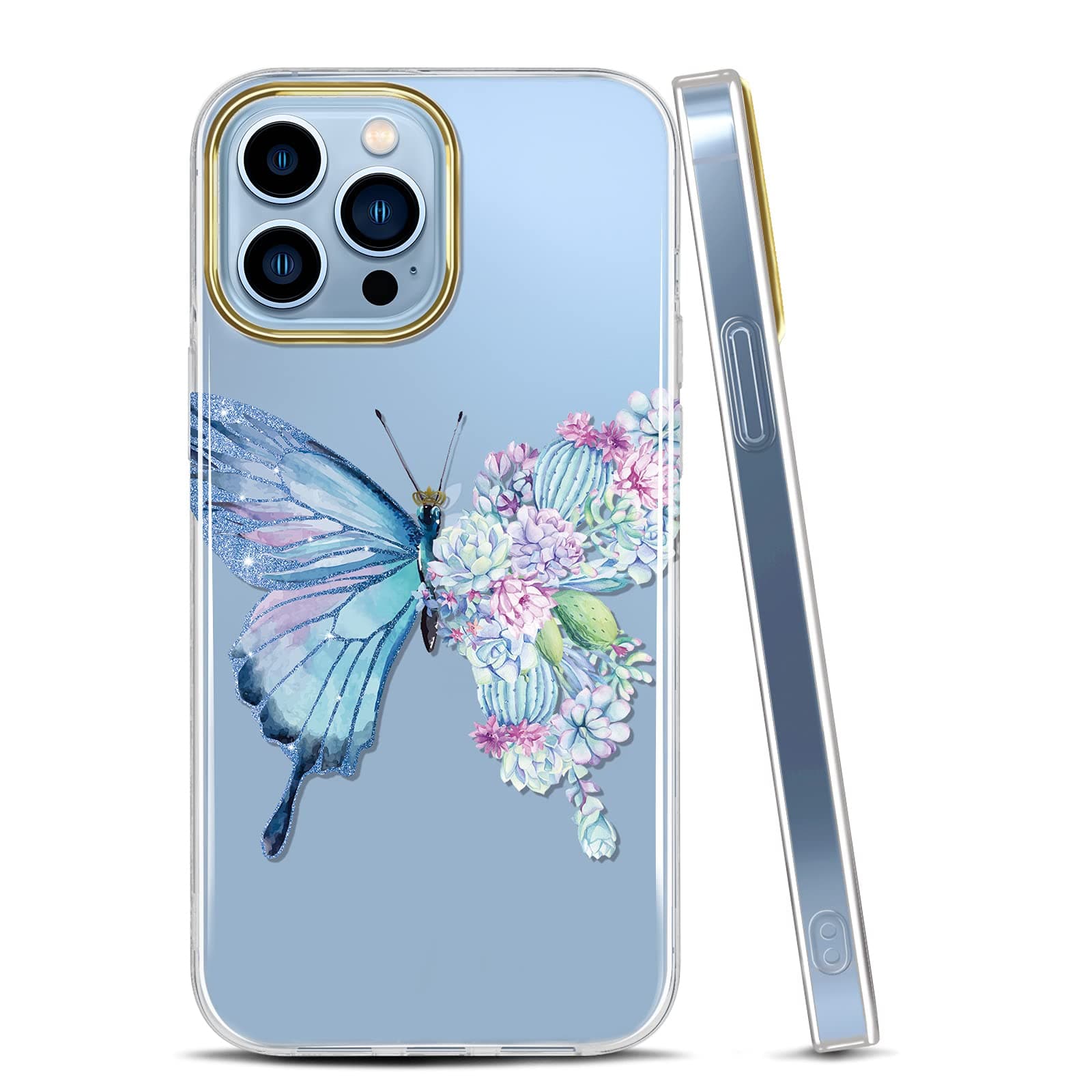 JAHOLAN Clear Case Compatible with iPhone 13 Pro Max Case with Flowers, for Girls Women, Shockproof Glitter Floral Pattern Hard Back Cover Phone Case 6.7 inch 2021 - Butterfly Cactus Purple